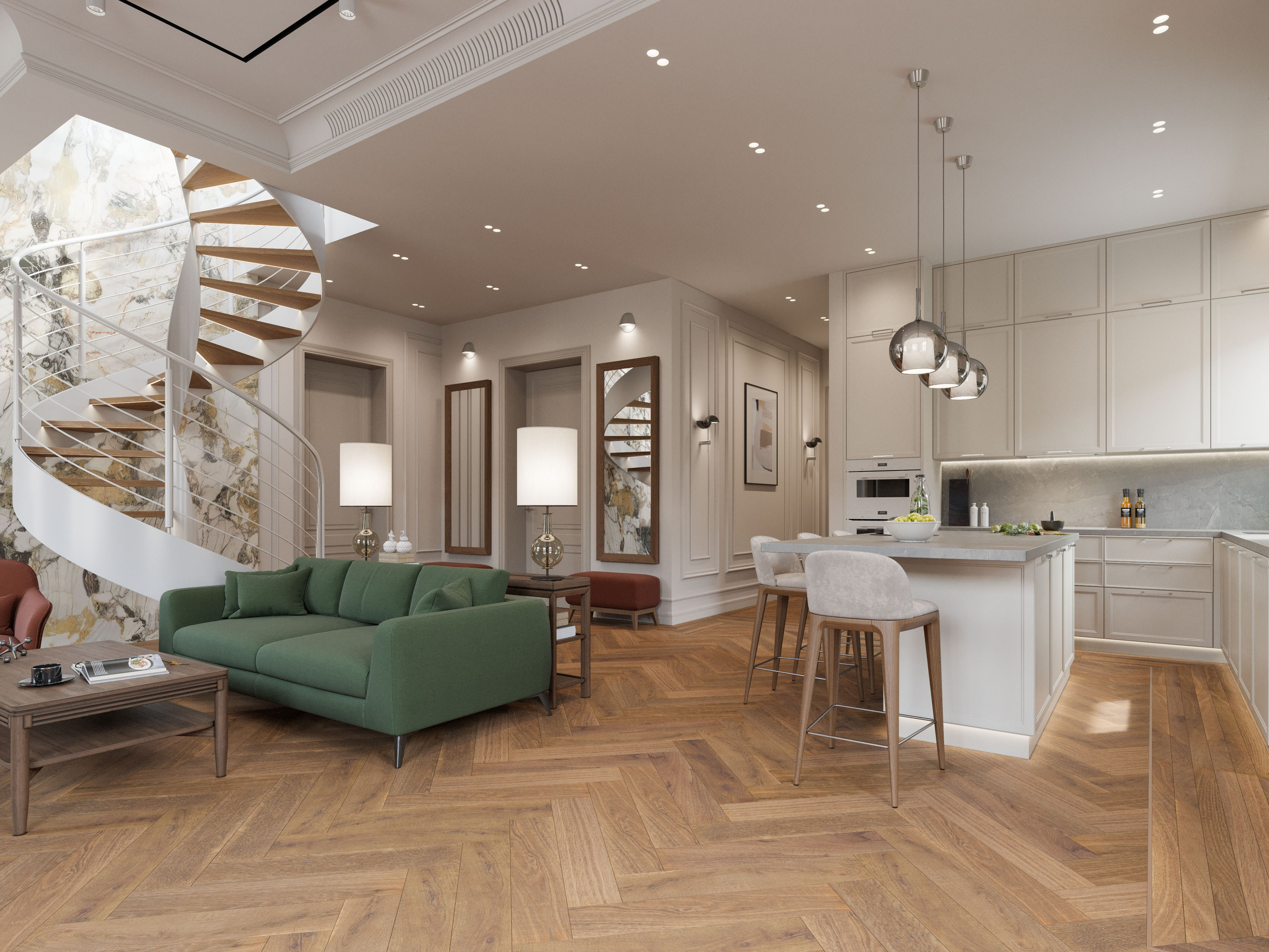 Панорамный вид большой квартиры в Петербурге с лепниной и мраморной стеной