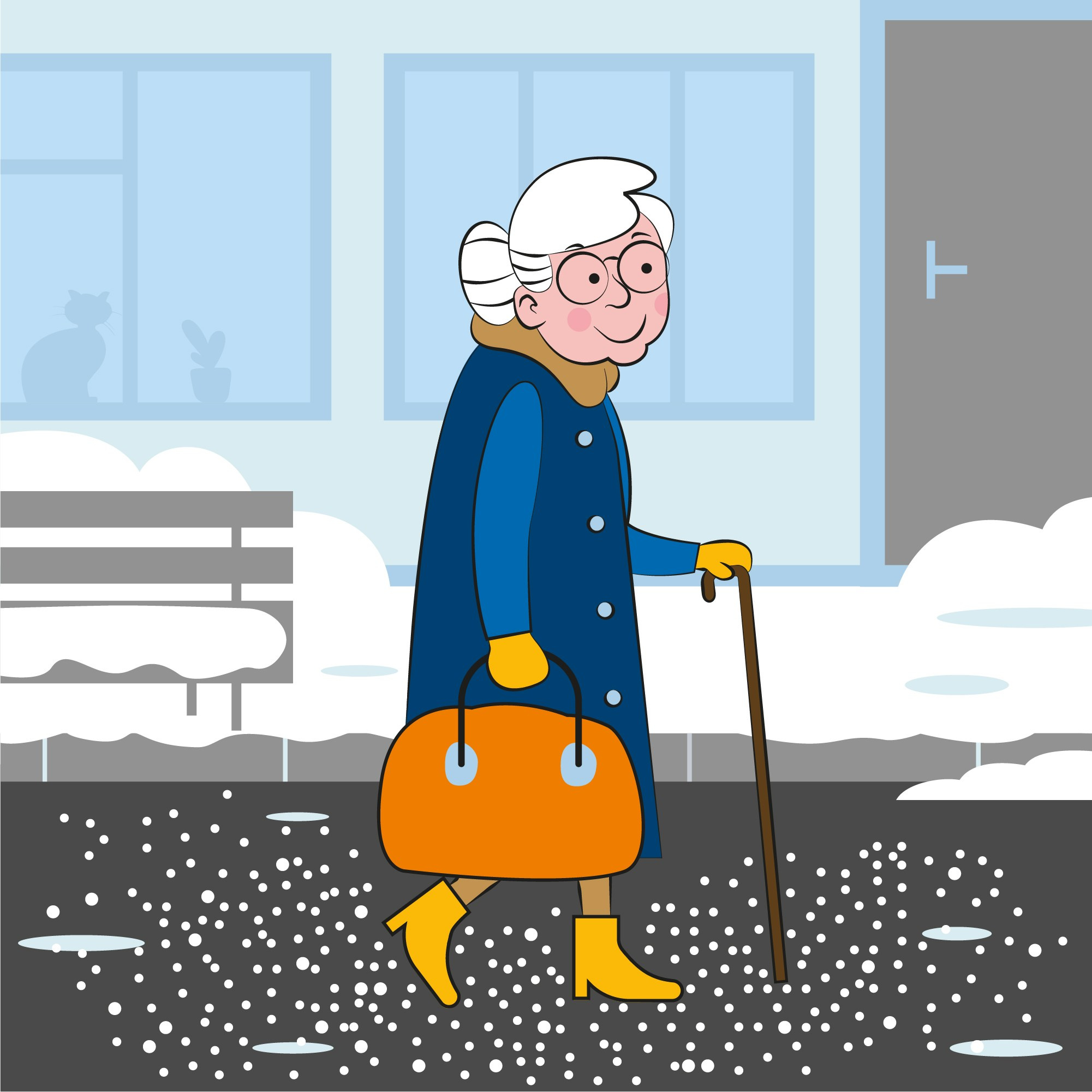 старушка радостно идет идет по гололеду, дорога посыпана. комикс, персонаж