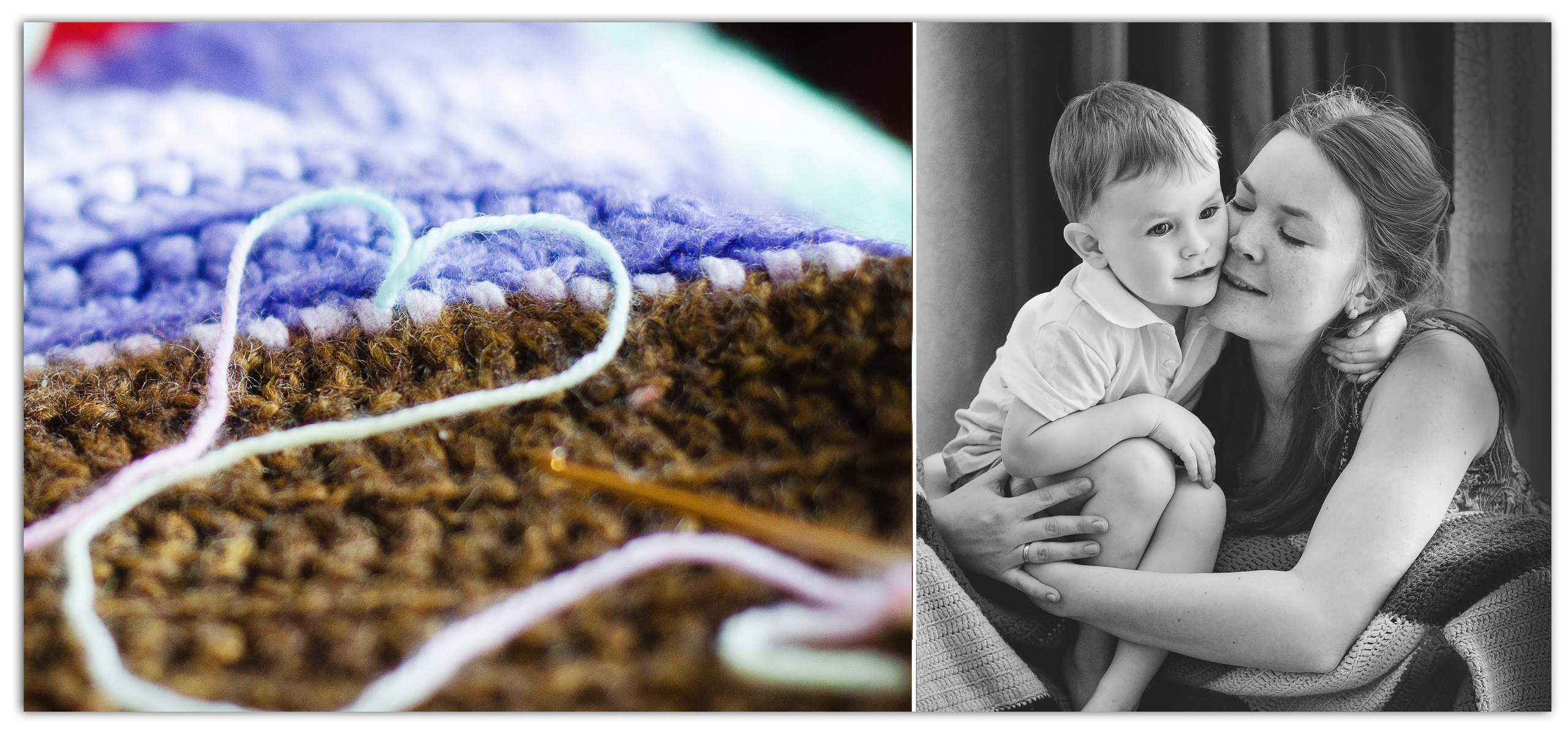 Мама обнимает ребёнка в уютной комнате, рядом вязаный плед.