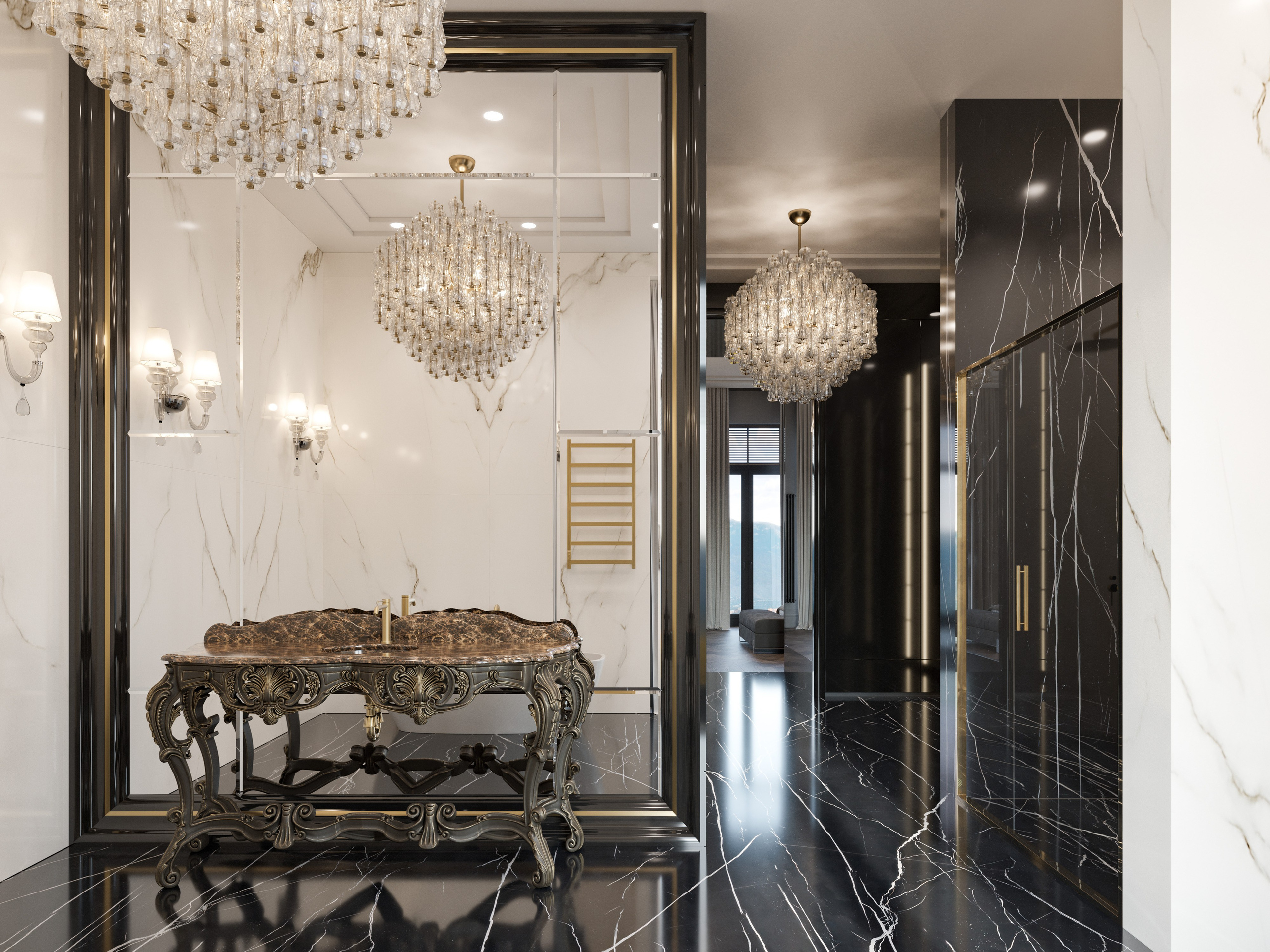 3D визуализация санузла в черно-белых тонах с мрамором