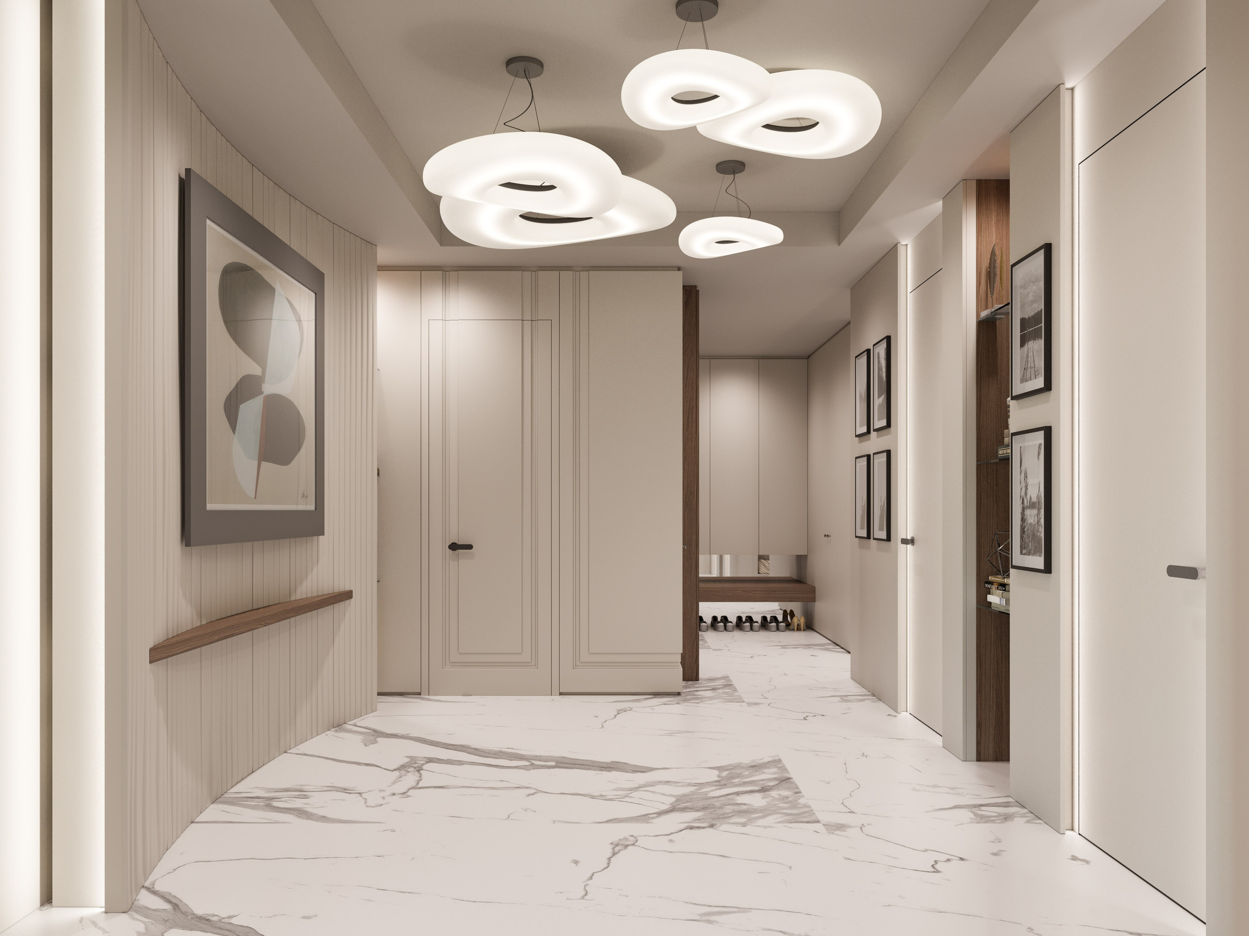 Световые порталы в другие комнаты в холле квартиры - 3D визуализация