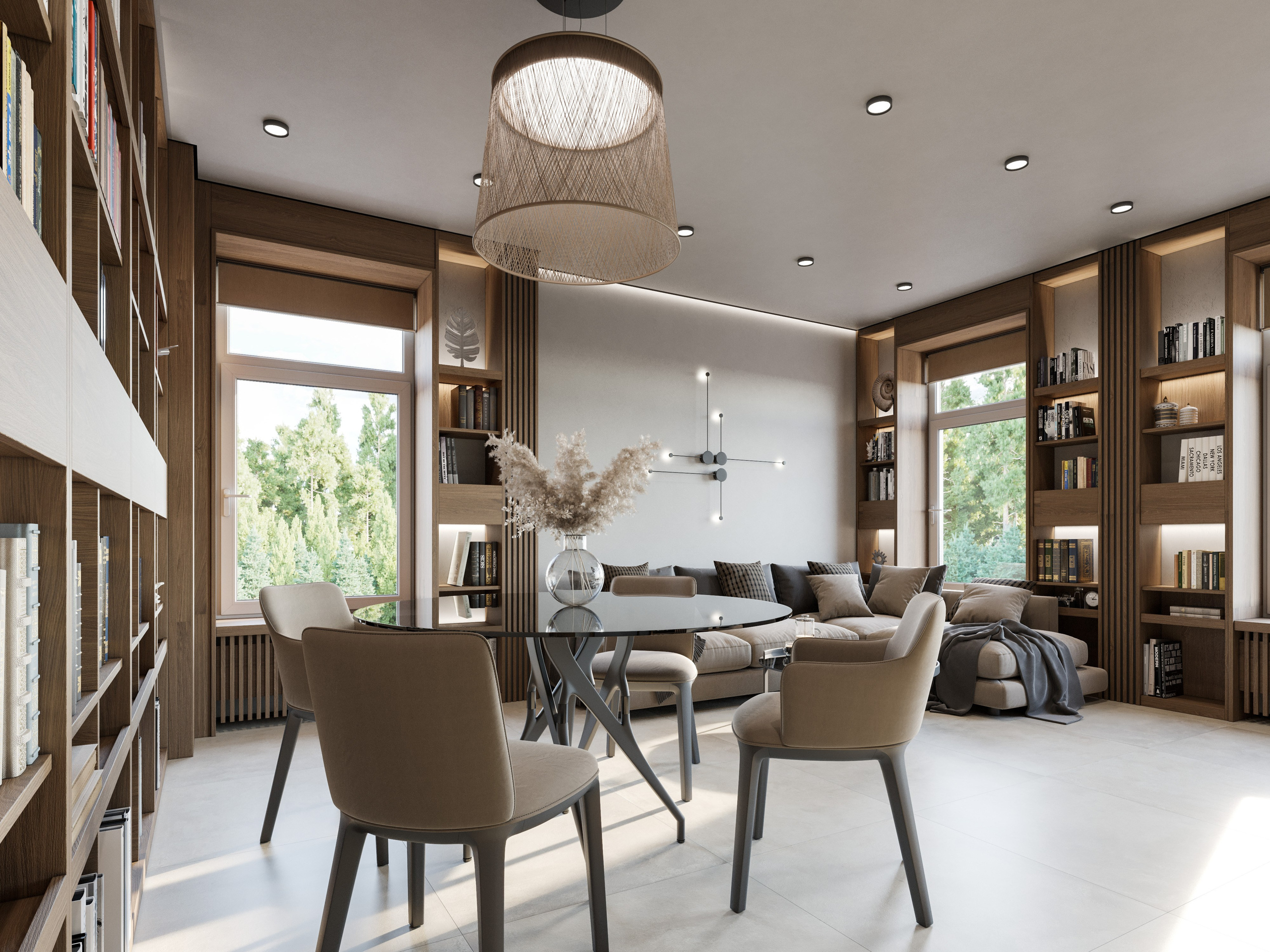 3D визуализация гостиной-столовой в минимализме с деревянной отделкой стен