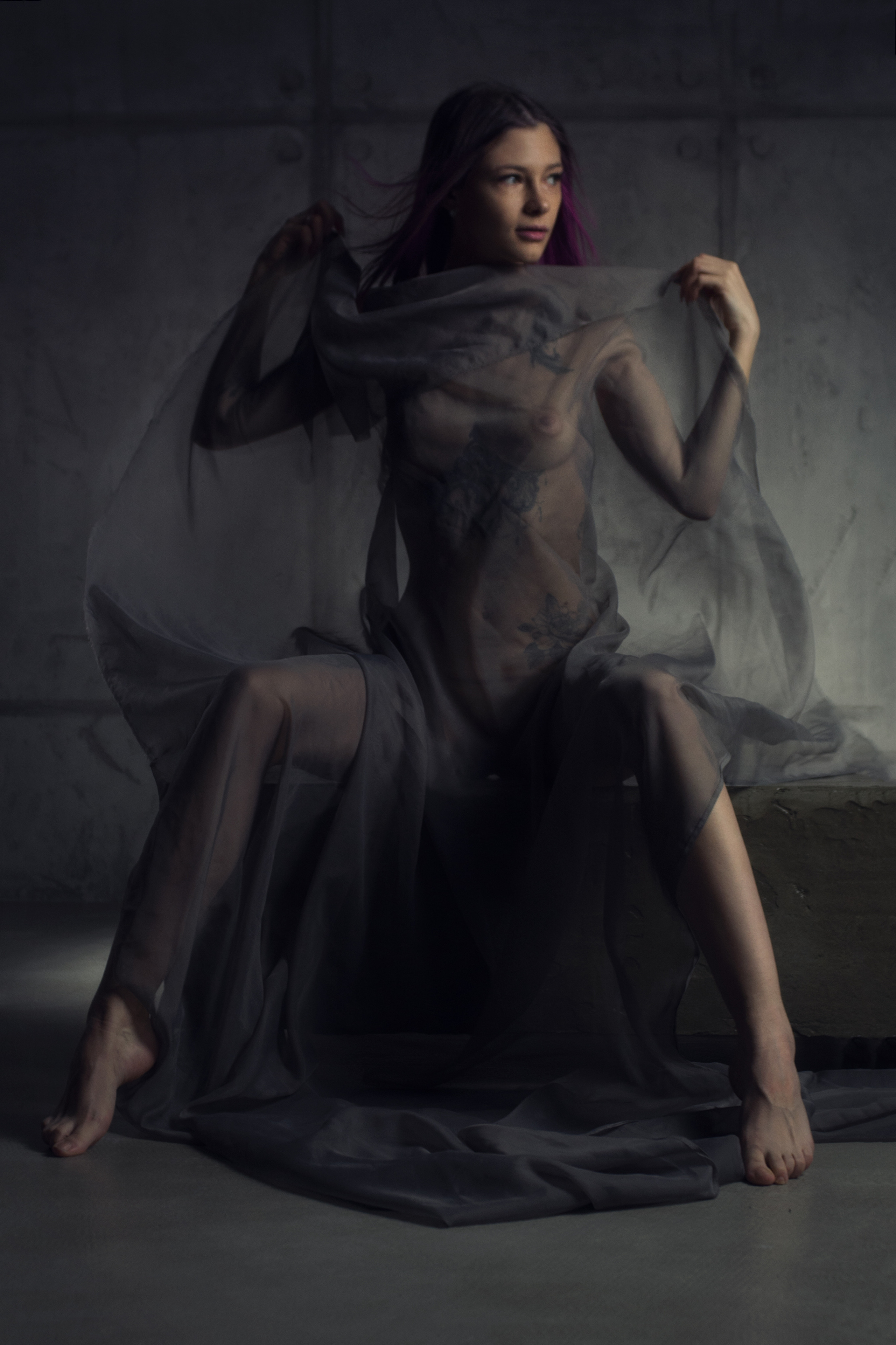 Девушка прикрыта лёгкой прозрачной тканью. Движение, свобода.