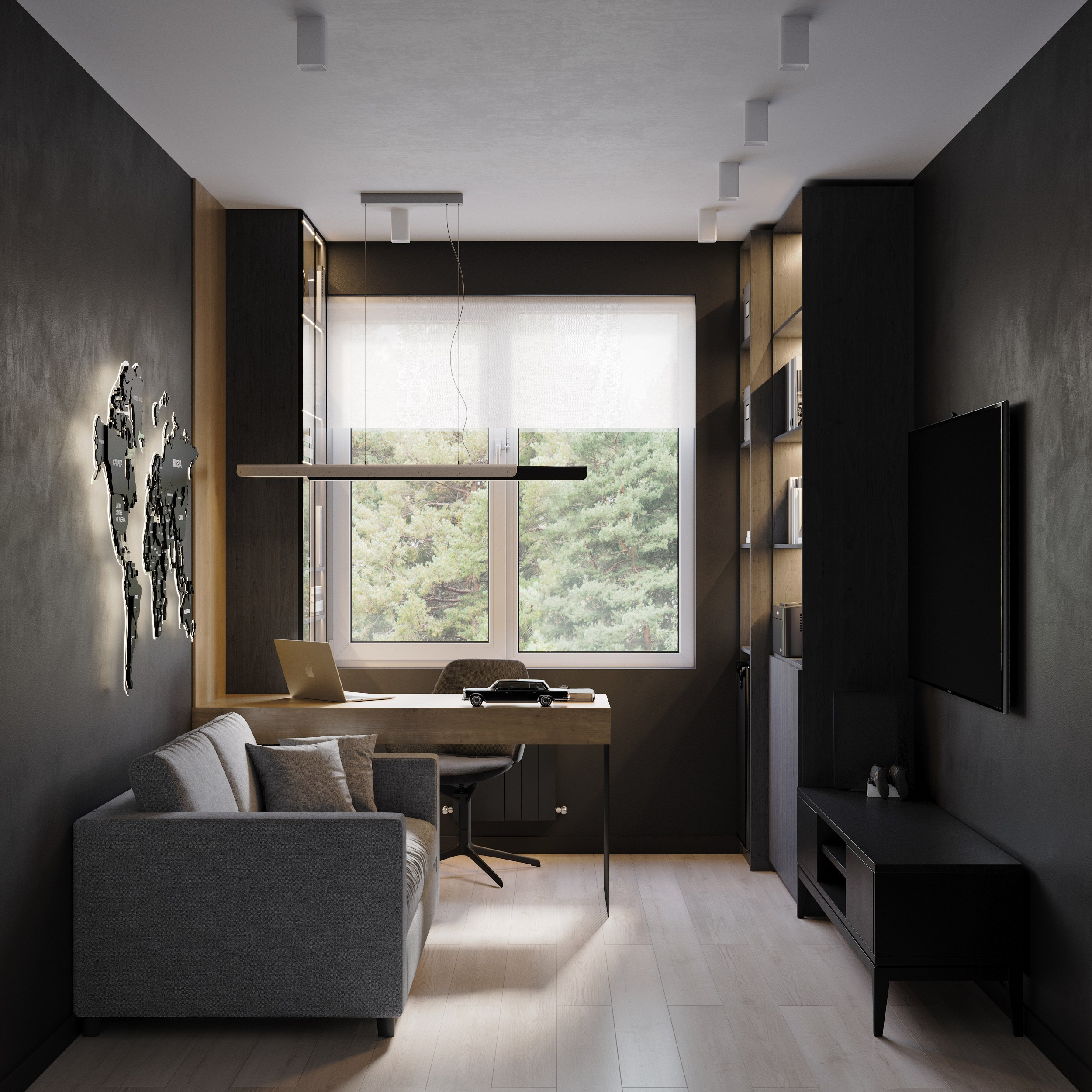 3д визуализация интерьера кабинета со стильным темным дизайном в частном доме