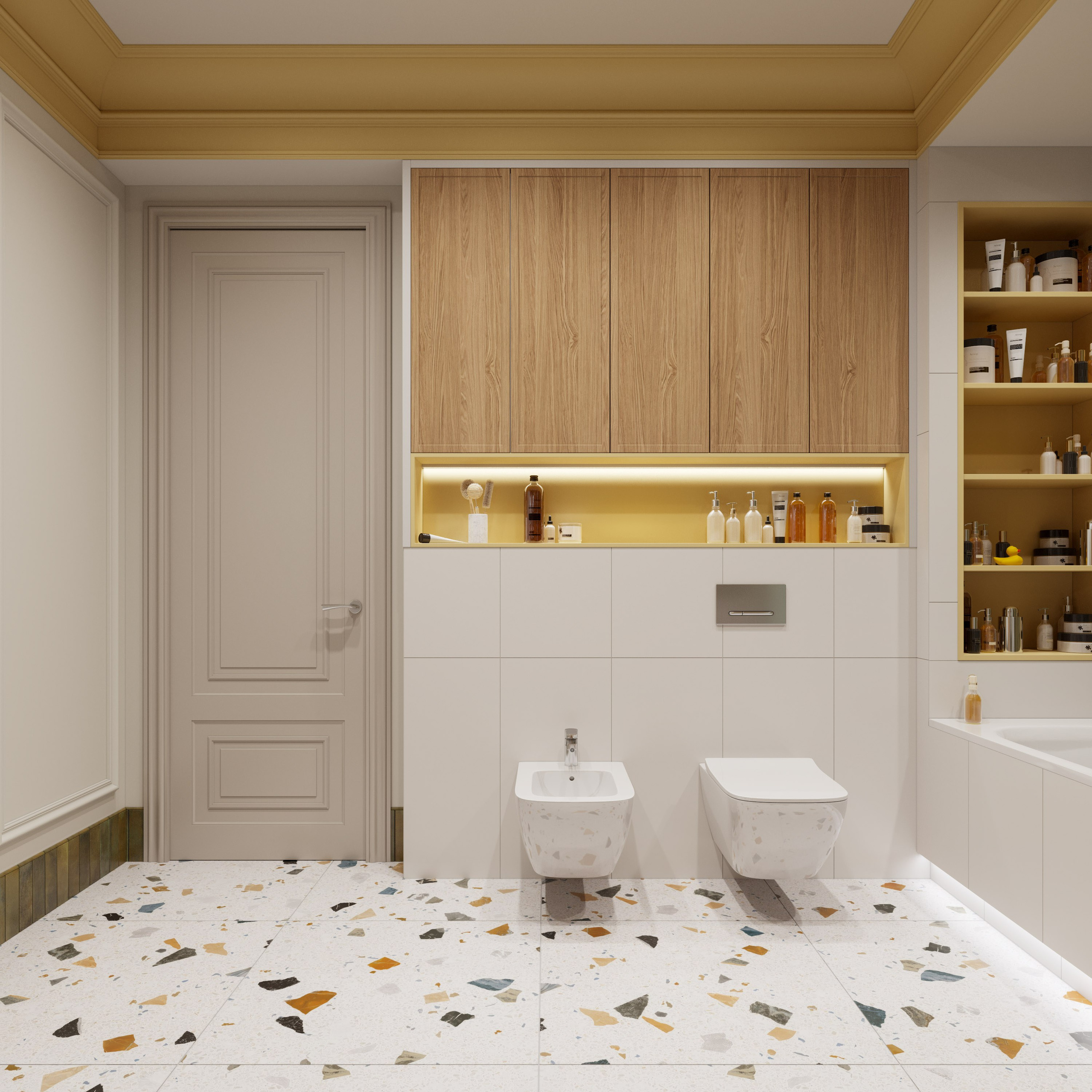 Санузел для подростка с классической лепниной и современными аксессуарами