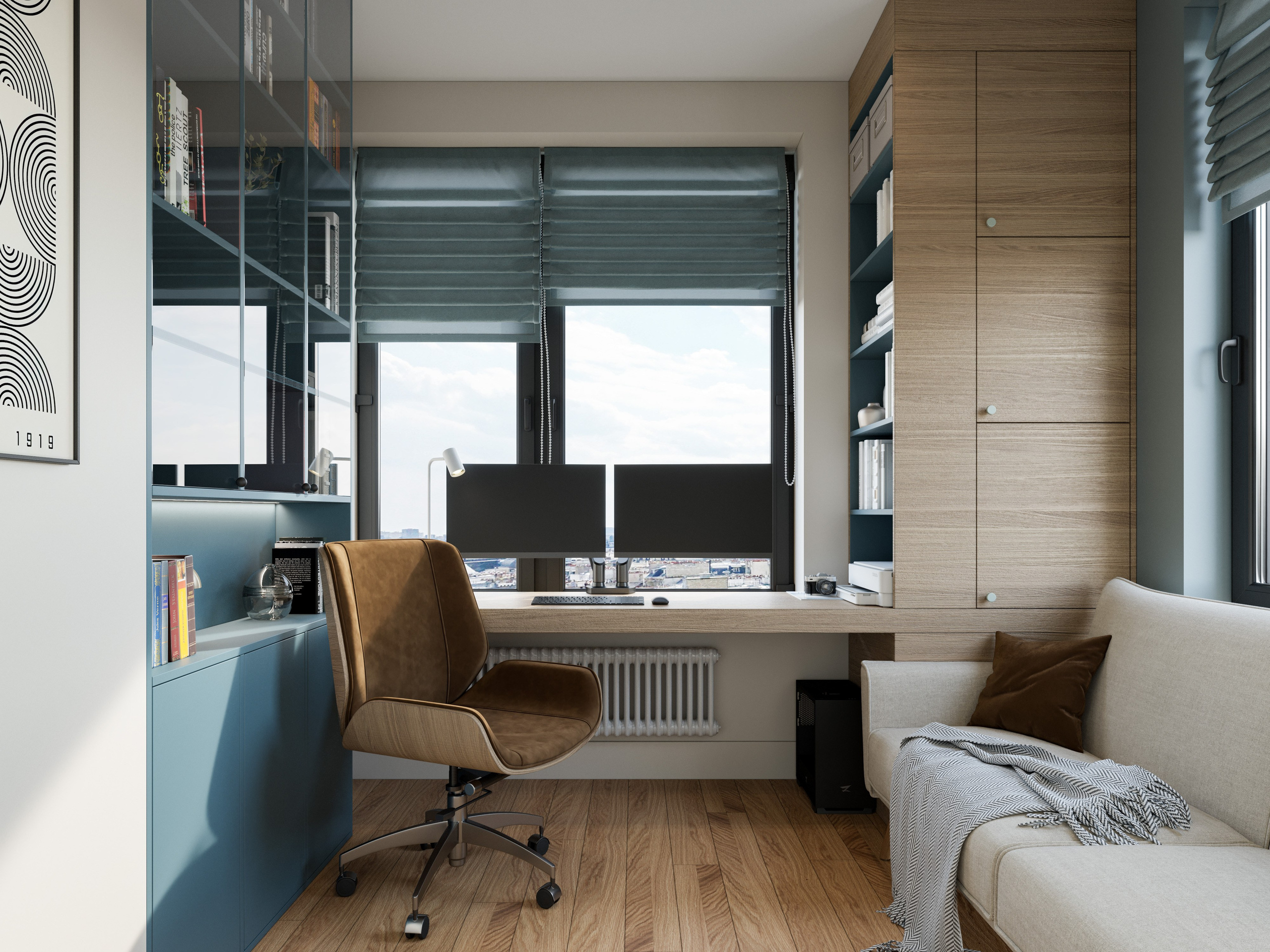 3D визуализация домашнего кабинета в маленькой квартире с синей стеной