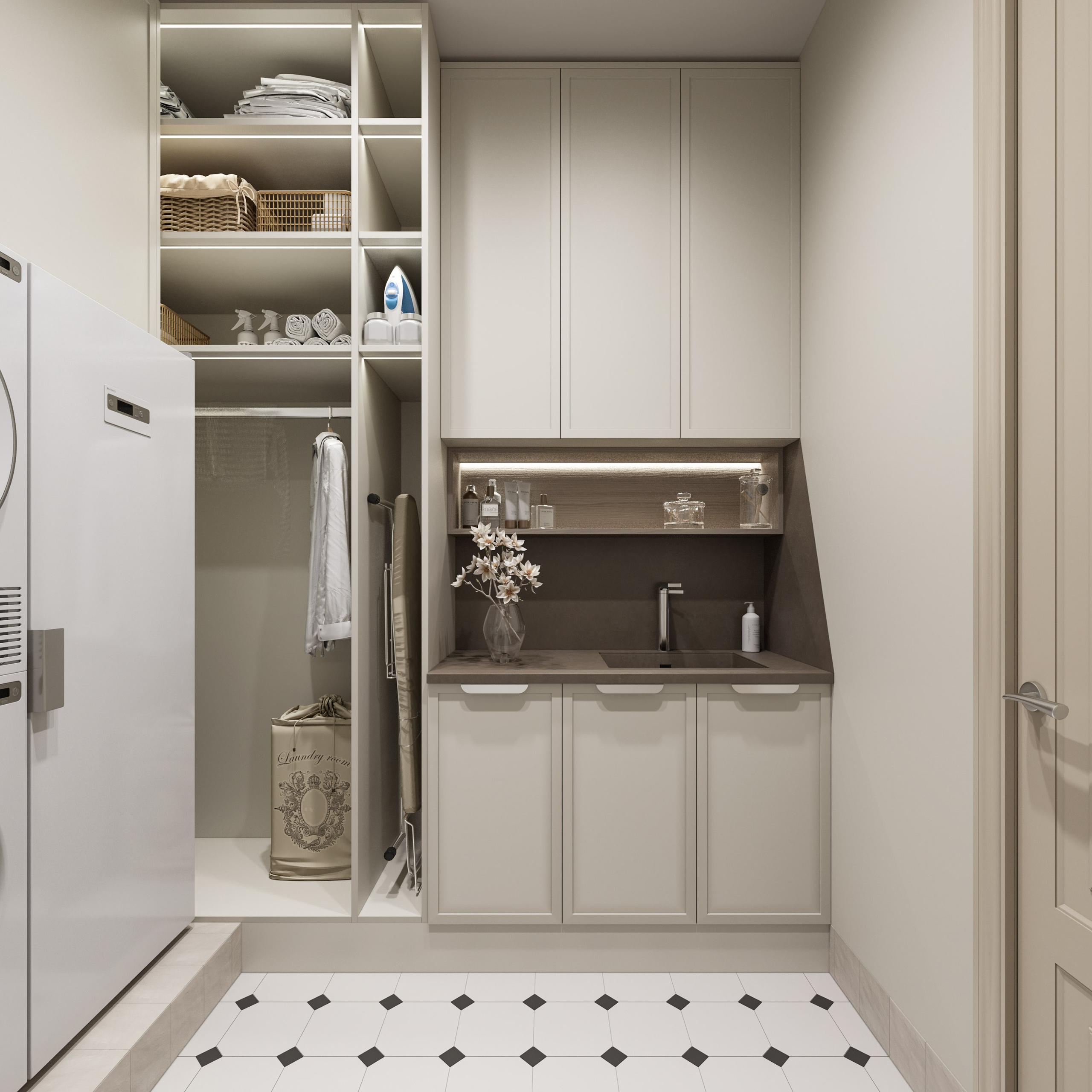 Прачечная зона в неоклассическом стиле с каменной столешницей и системой хранения