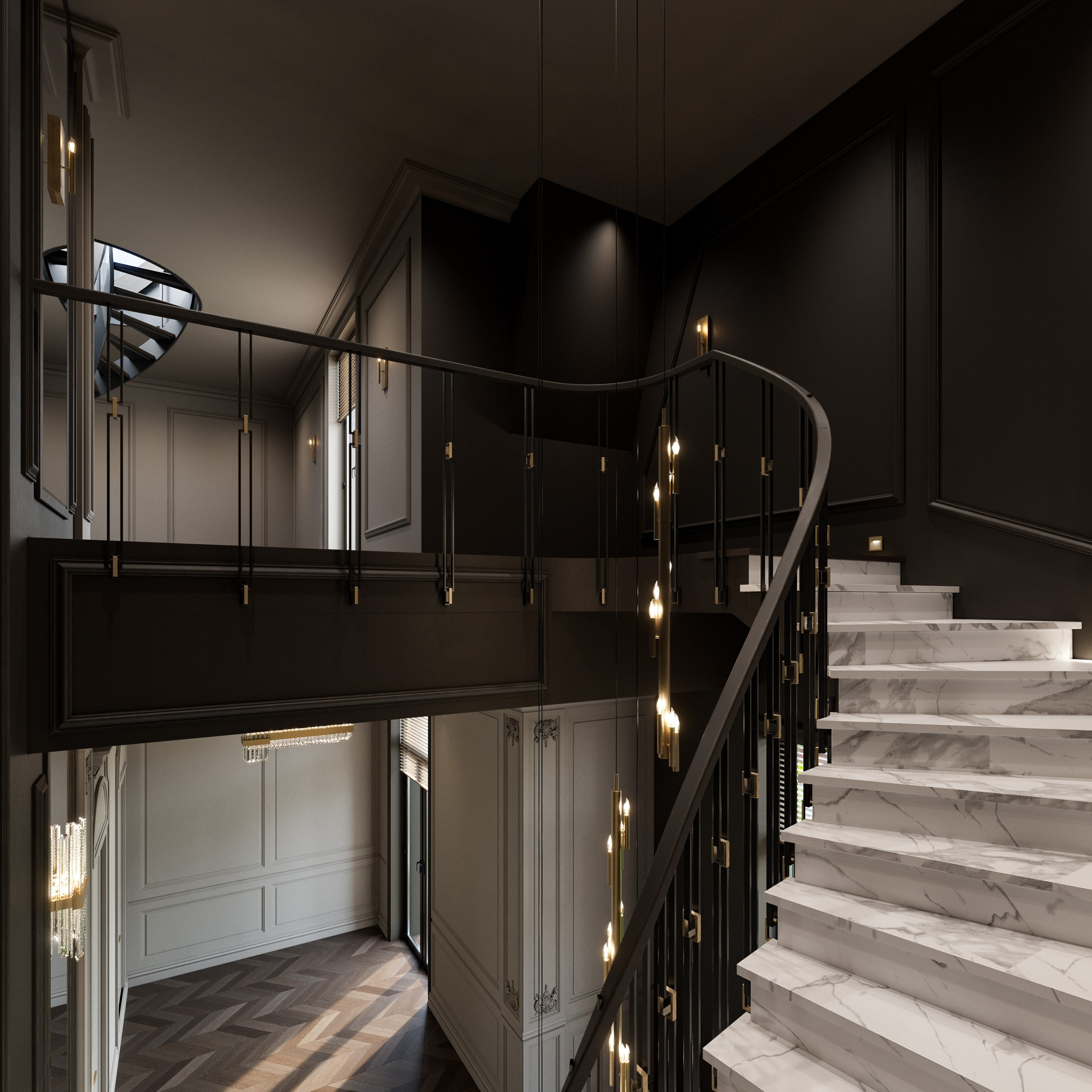 Поворот лестницы с мраморными ступенями и декоративными панелями на стенах