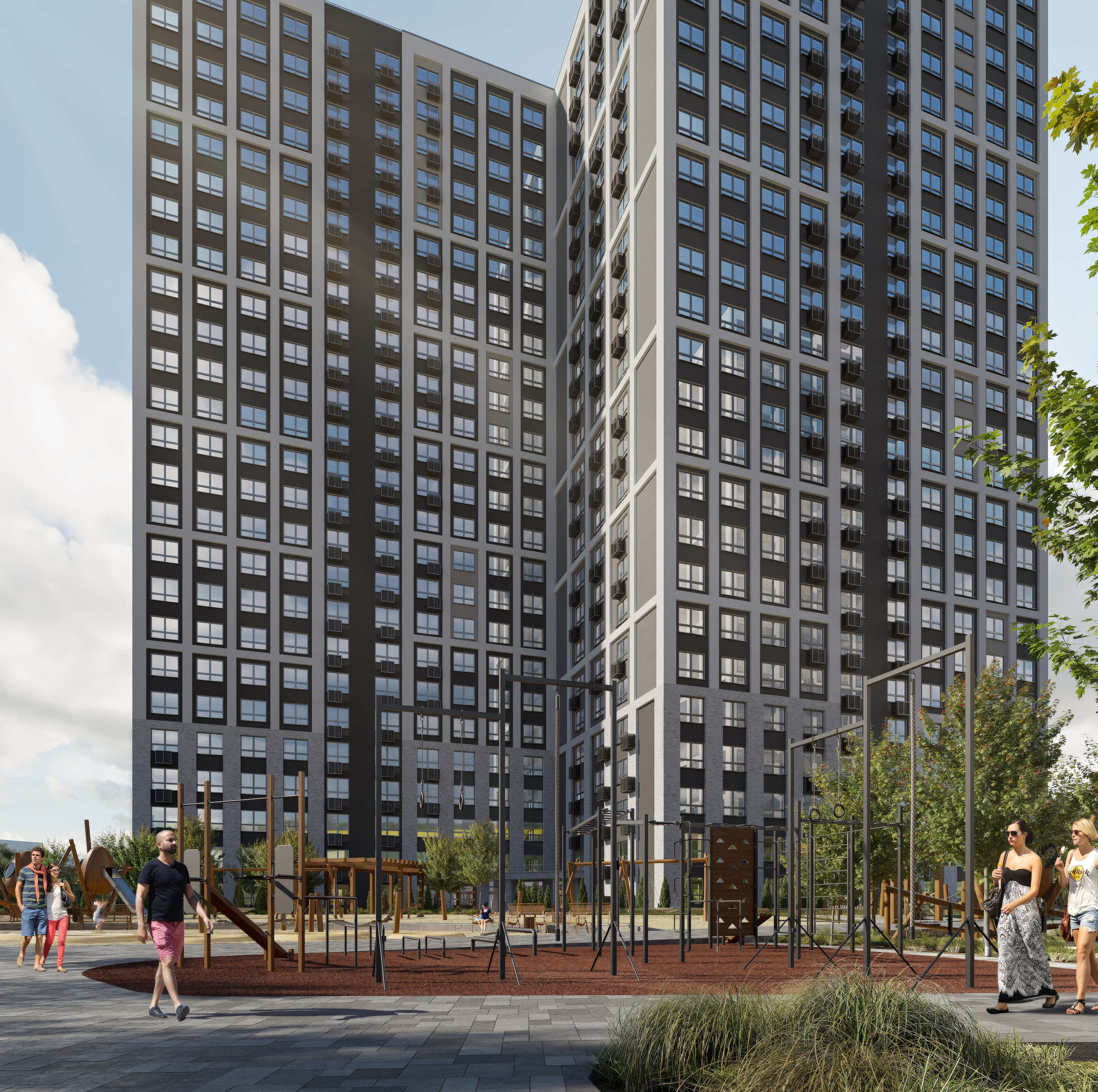 3D визуализация жилого комплекса "Патриот Парк" в современном стиле.