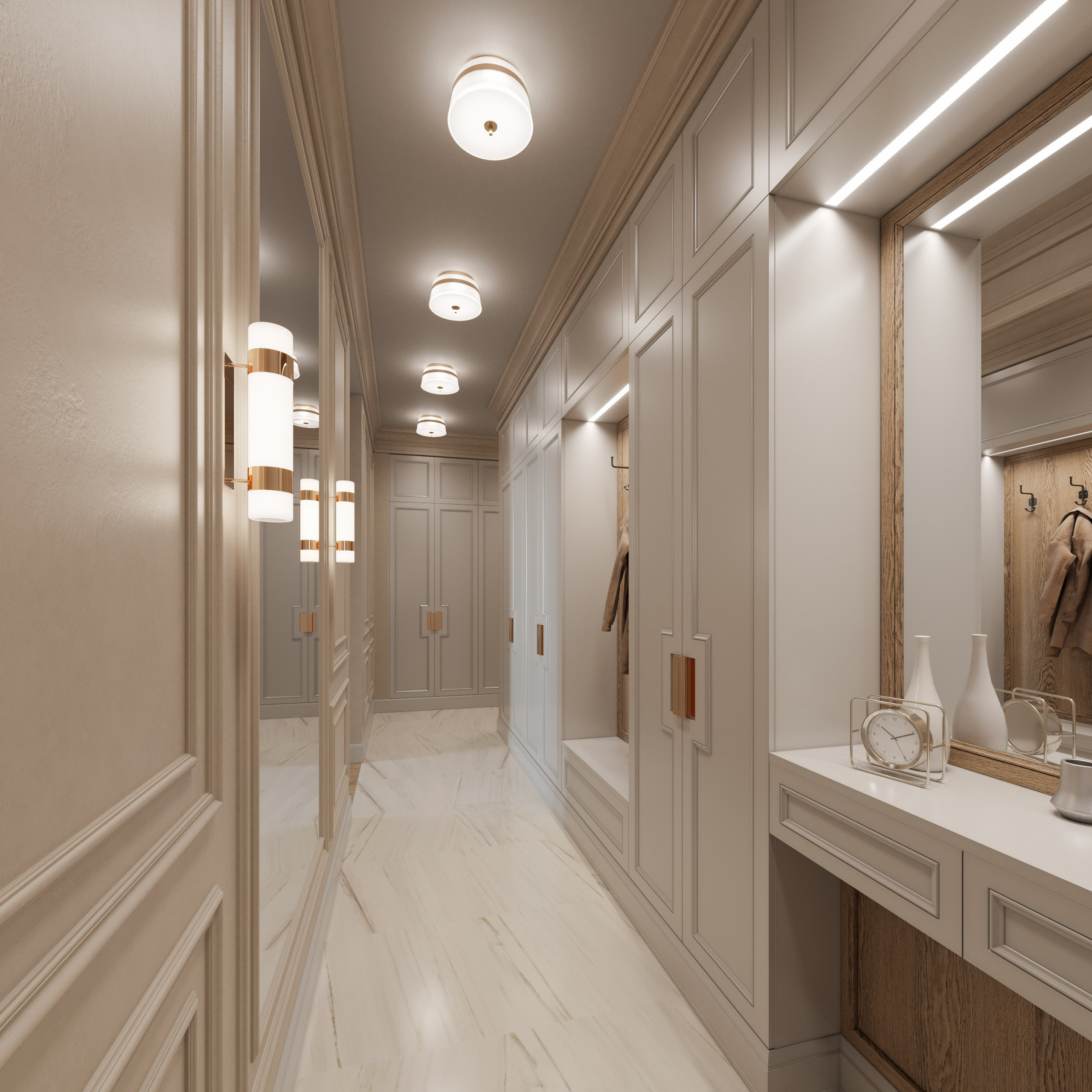 Интерьер светлого холла: лепной карниз, мраморный пол, изящная консоль и большое зеркало