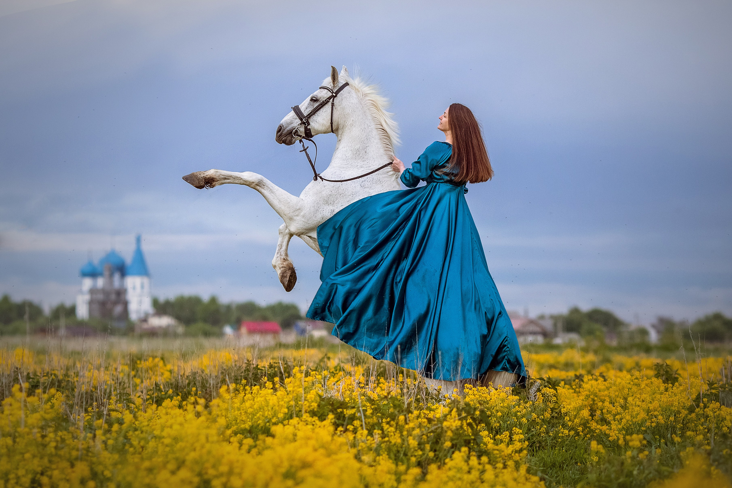 Фотосессия с лошадью в желтом цветущем поле