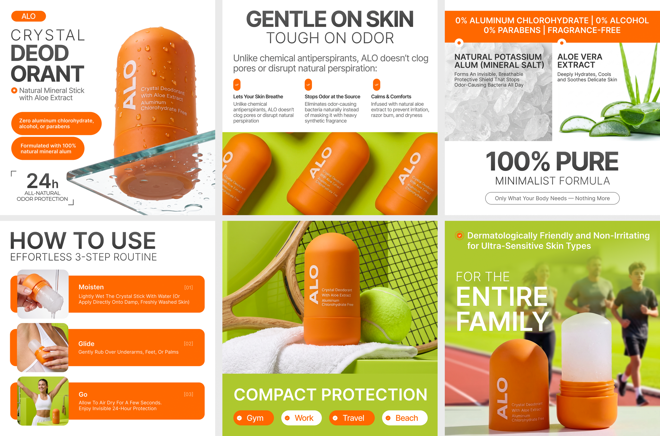 Amazon Product Images for ALO Crystal Deodorant. Professional Amazon product listing design for a natural mineral stick with aloe extract, showcasing 24h odor protection, 100% pure minimalist formula, a 3-step usage guide, and lifestyle visuals highlighting compact protection for the entire family. Дизайн изображений для листинга Amazon и инфографика для кристаллических дезодорантов ALO. Профессиональный дизайн карточки товара для натурального минерального стика с экстрактом алоэ, демонстрирующий 24-часовую защиту от запаха, 100% чистую минималистичную формулу, руководство по использованию из 3 шагов и лайфстайл-визуал, подчеркивающий компактную защиту для всей семьи.