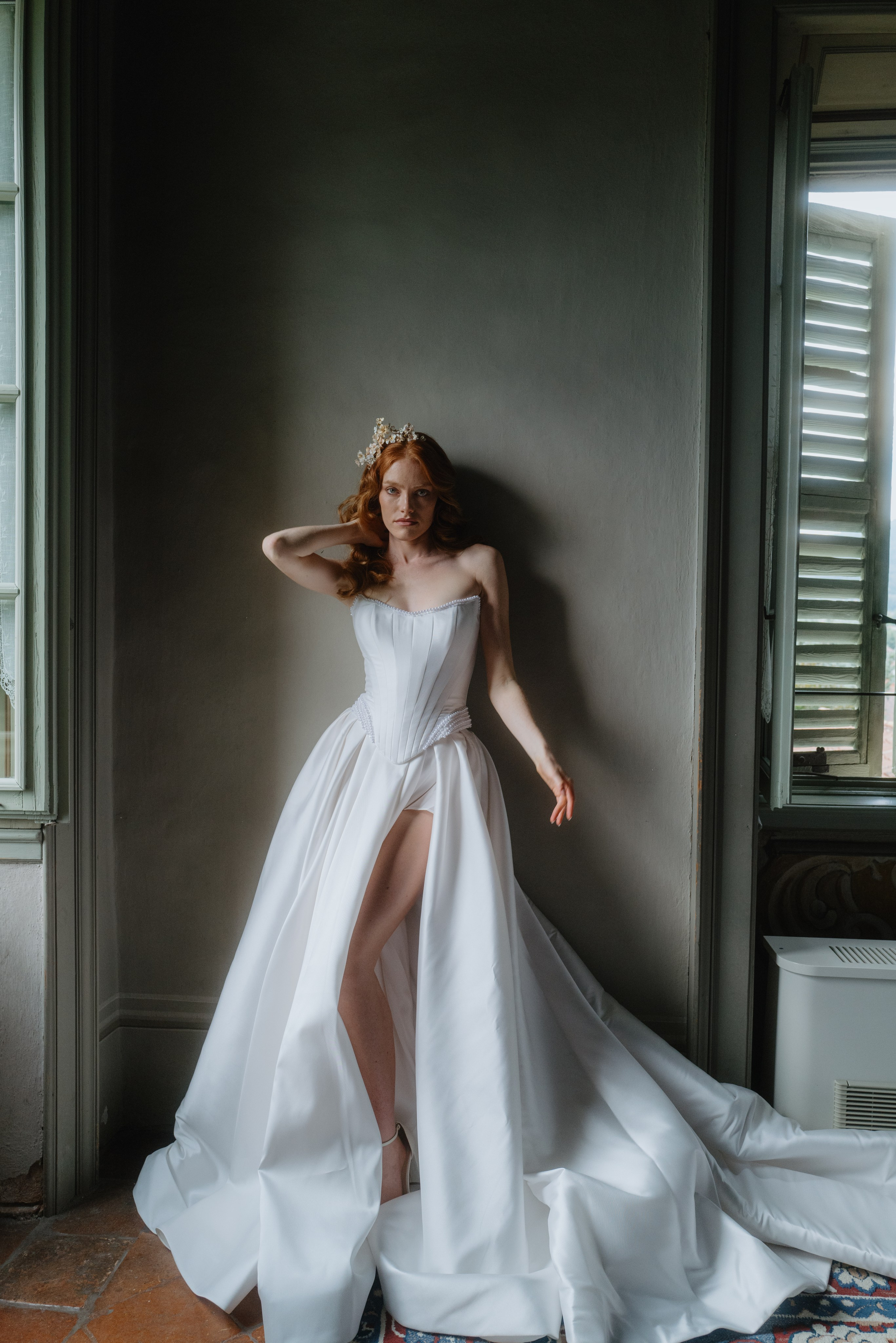Romantic portrait of the bride at a luxury wedding venue