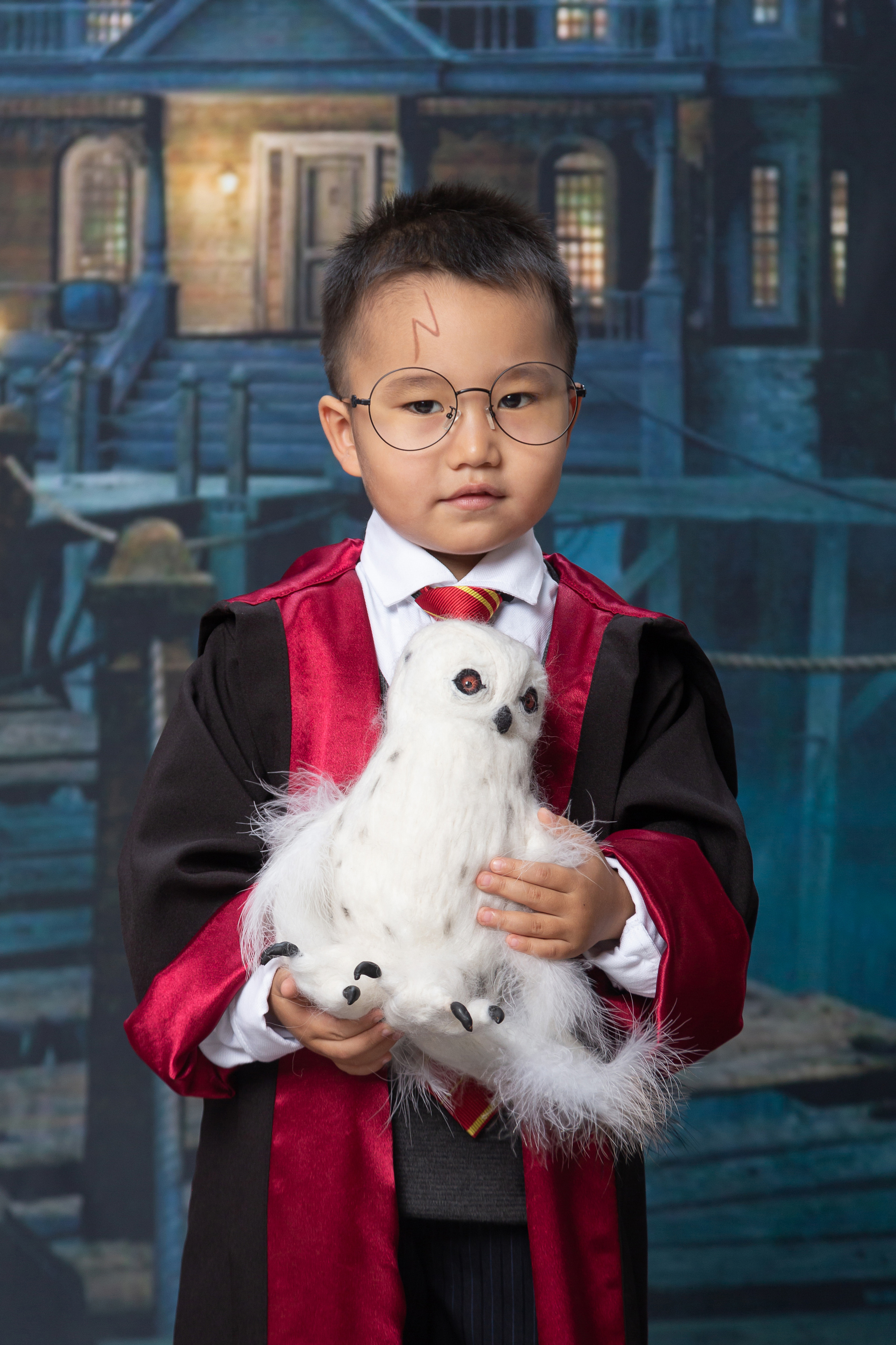 Фотосессия для детского сада "Гарри Поттер и Гермиона". Темиртау. Караганда. Мальчик в костюме Гарри Поттера и сова Букля.