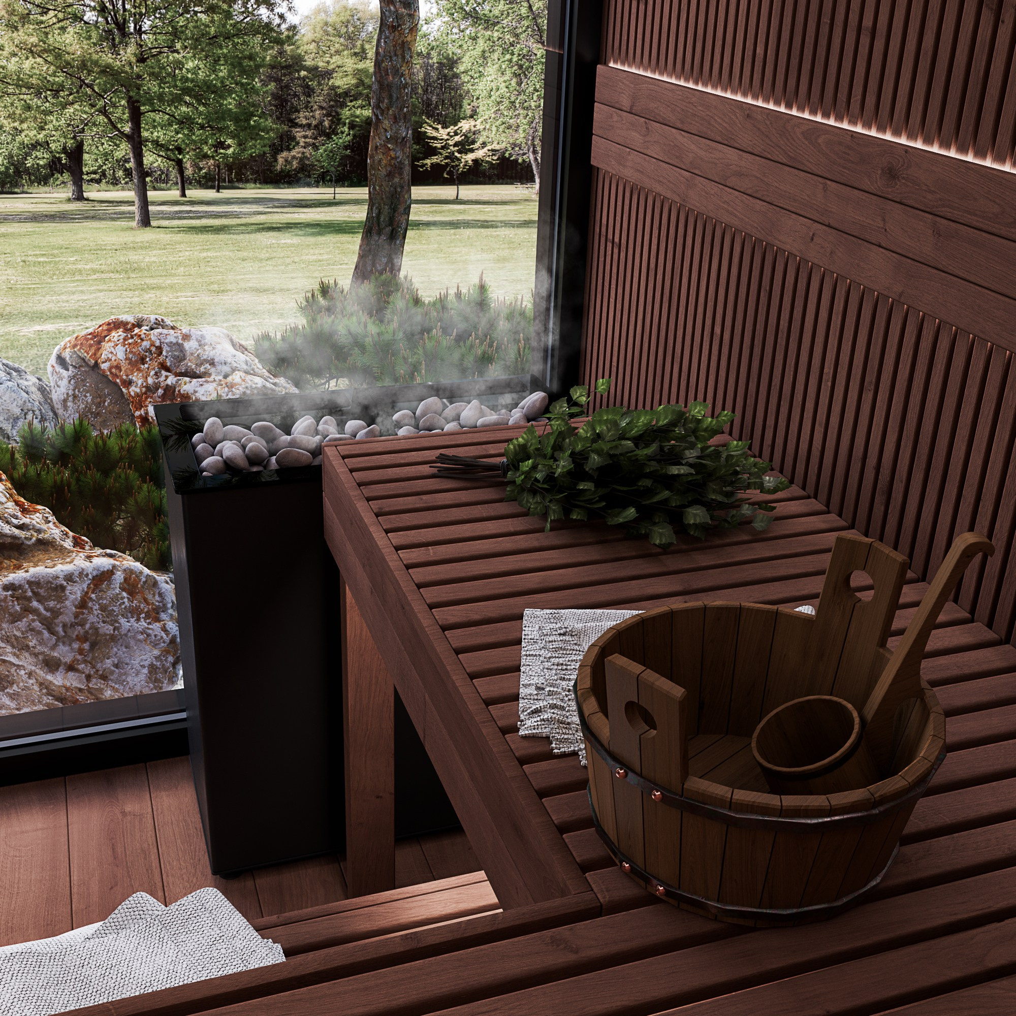 Крупный план каменки и деревянной лавки в сауне с веником, водой и видом на сад