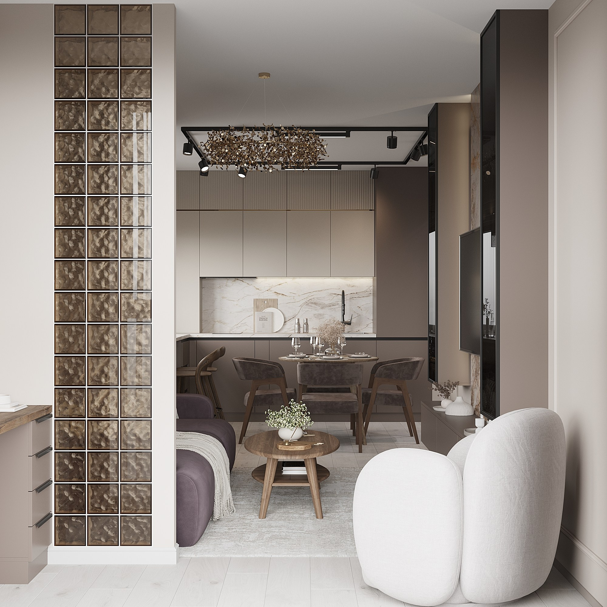 дизайн интерьера кухни-гостиной стеклоблоки