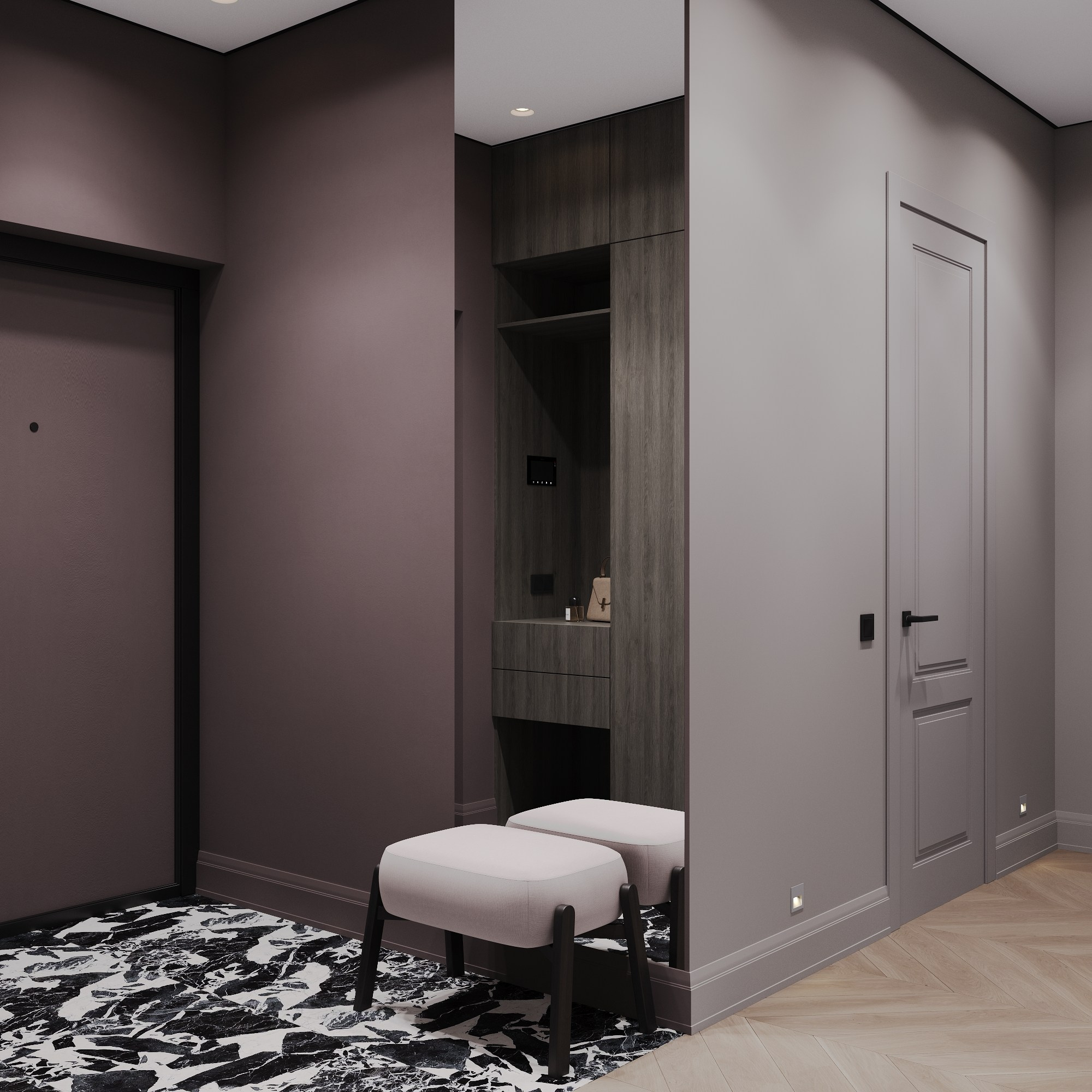 дизайн интерьера прихожей с акцентным керамогранитом на полу, черно белая плитка, сложный цвет стен марсала