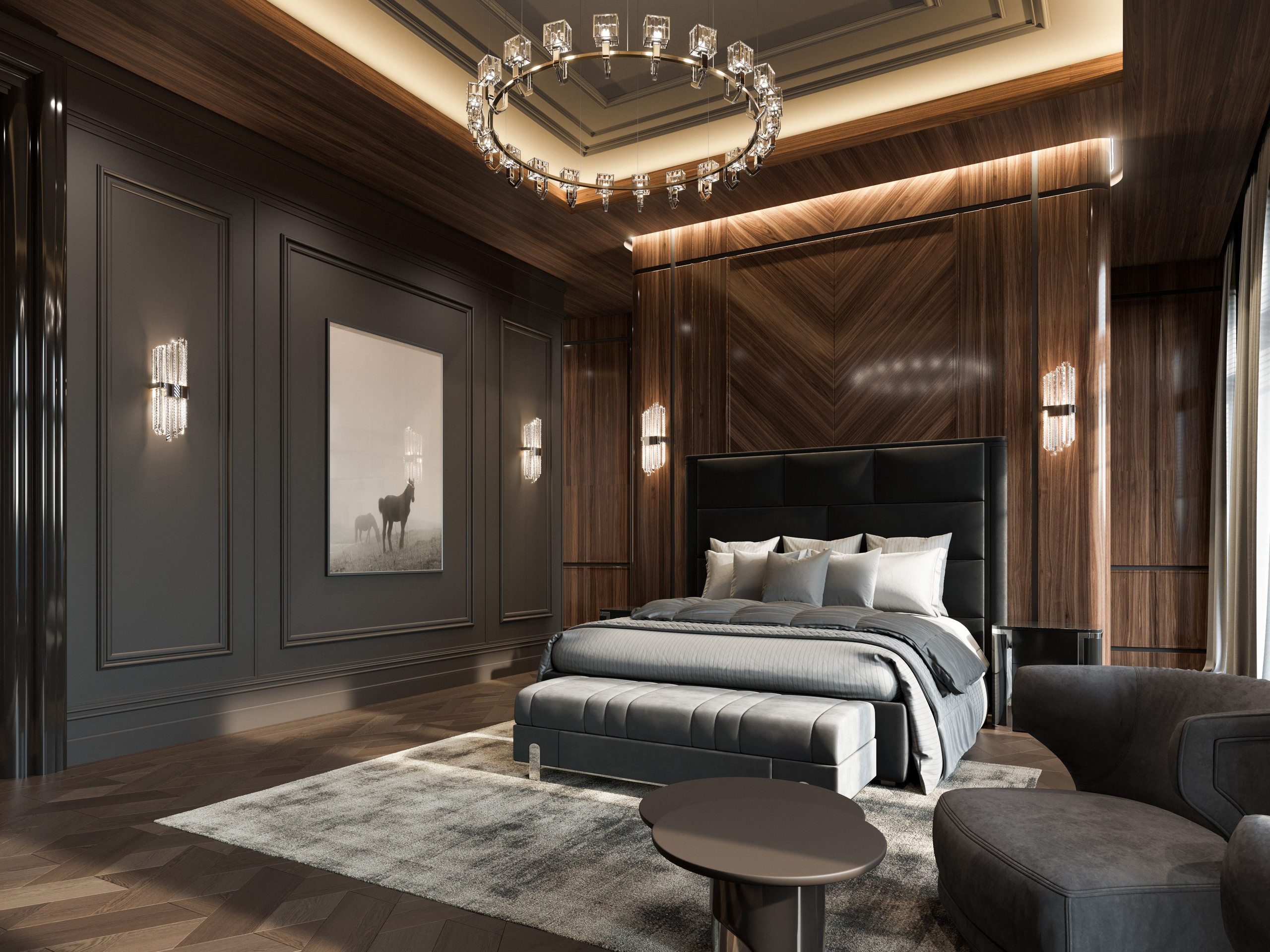 3D визуализация мужской спальни в классическом стиле с деревянными панелями на стенах