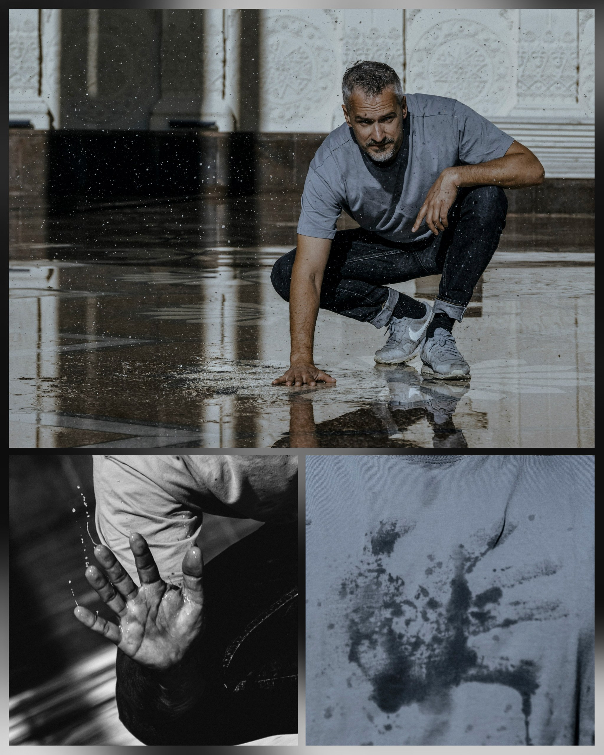 мужчина бьет ладонью по воде