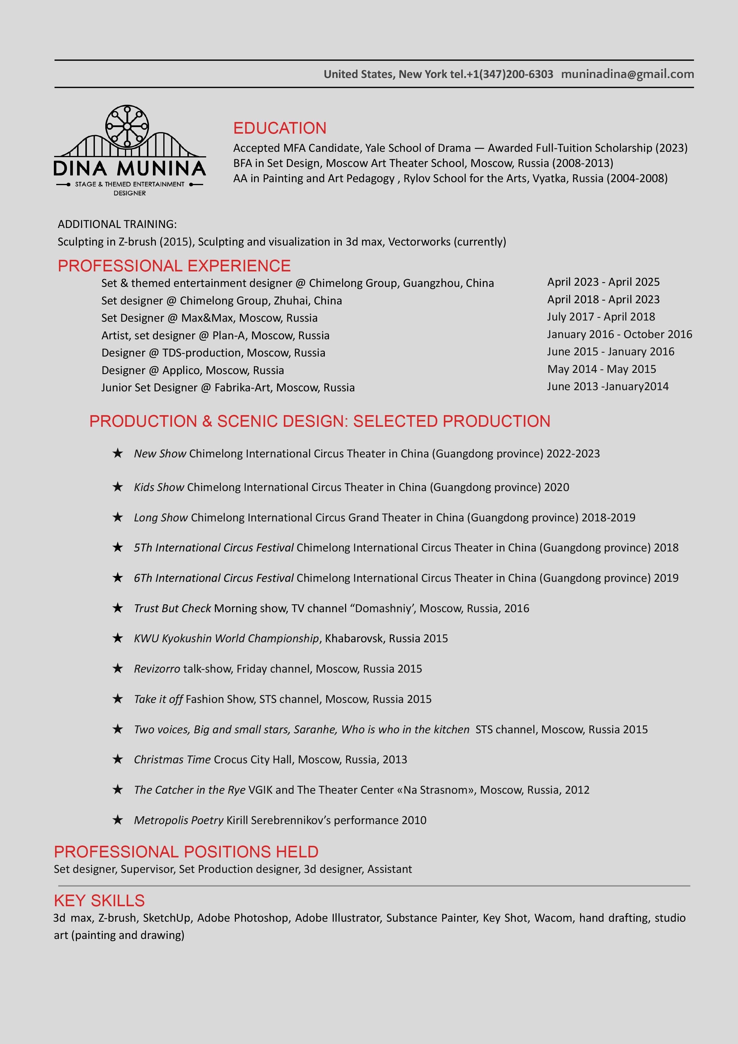 RESUME. Munina Dina. Set design portfolio