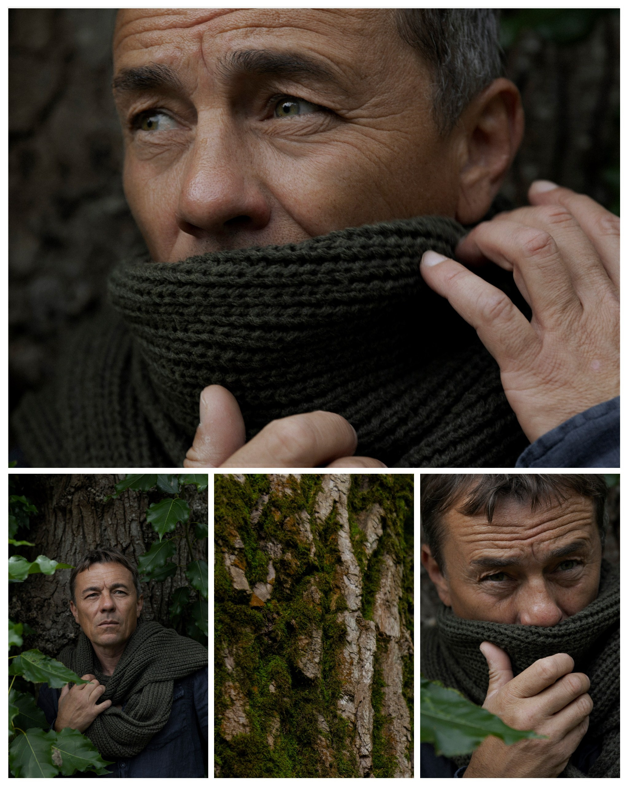 мужчина в шарфе на фоне деревьев в лесу на вднх