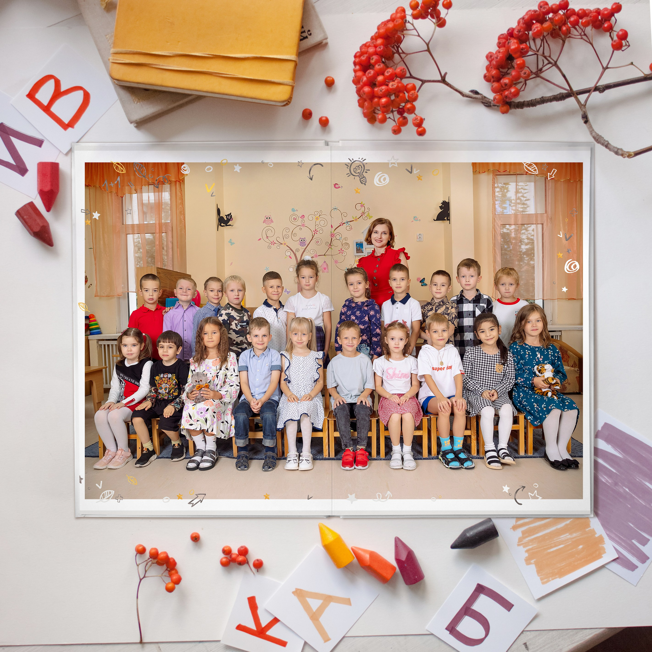 Дизайн «Ученые жирафики» 20×30. Выпускные альбомы СПБ для садов и школ | Фотограф Олька Евченко