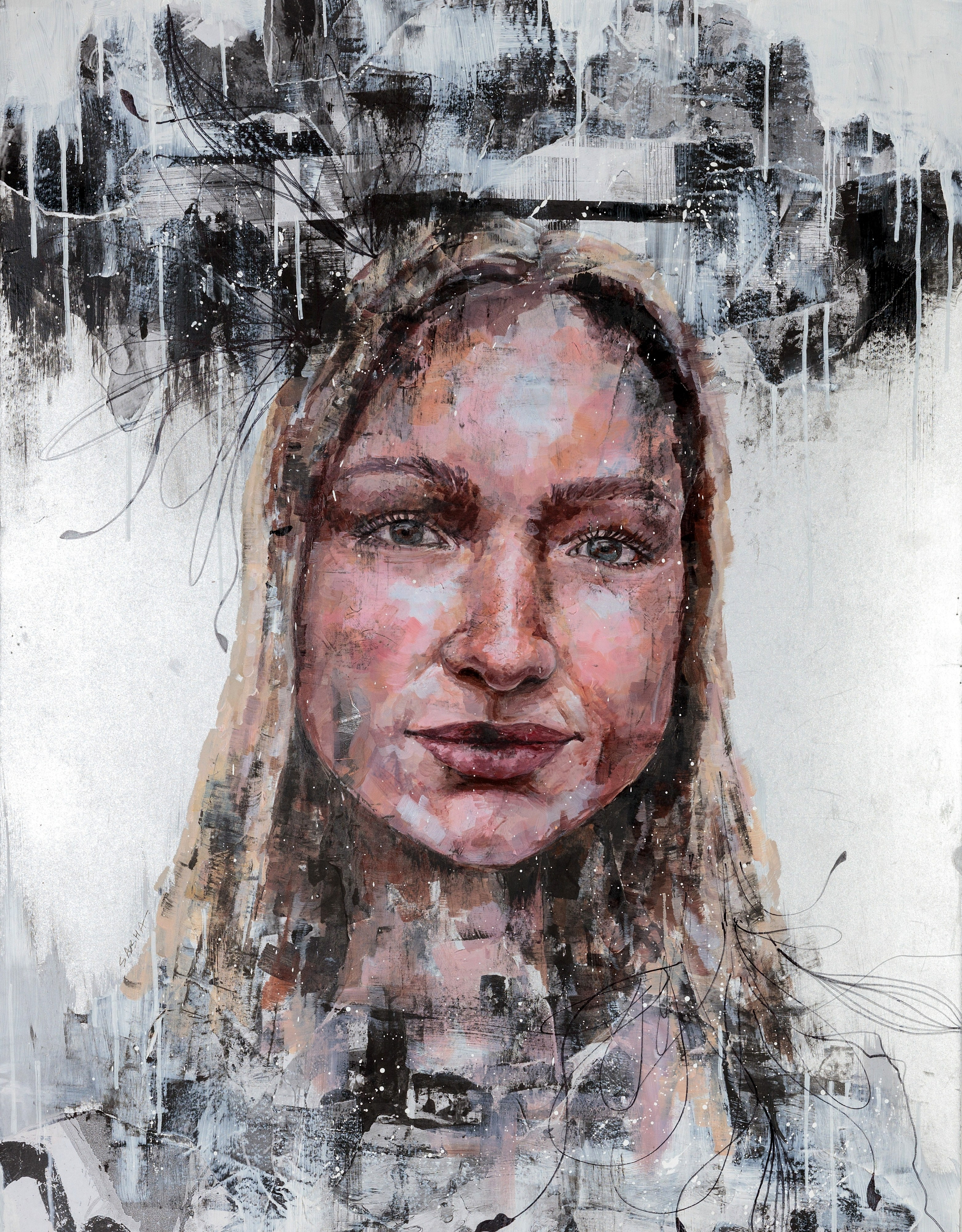 портрет девушки с длинными волосами, в абстрактной манере