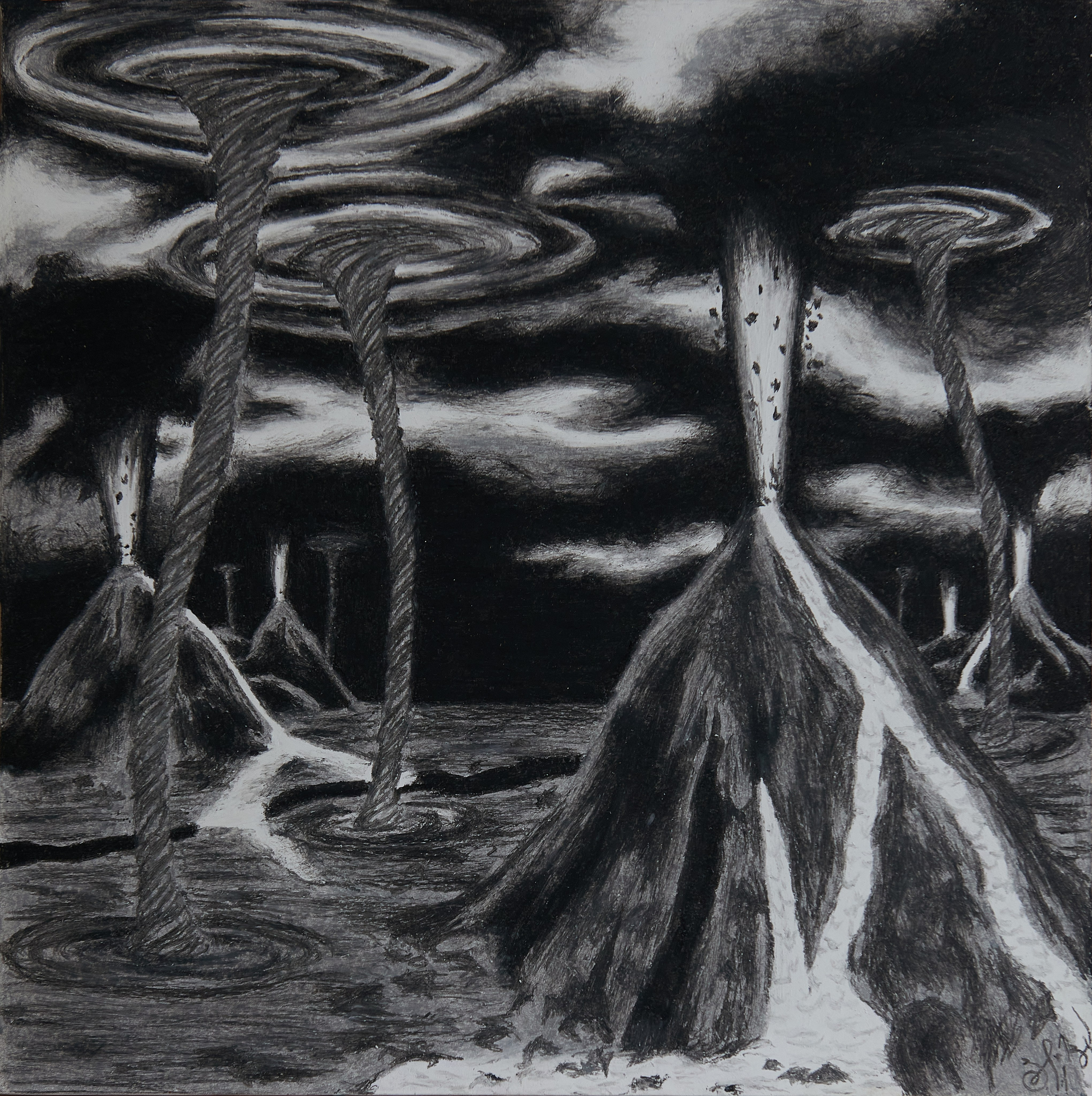 Противостояние. Бытьё плоскости разверзаемо трещинами внутренних потрясений, пики точек напряжения извергают огненные столпы ярости в сгущённое мраком, нависающее пространство, изливая потоки самосожжения на образования существующих условий. Вихри взаимодействий сопричаствуют взаимообратными воронками переменных (потоков полярностей) полей. Бытьё оставило терпение, бытьё проявляет строптивый гнев во внешний густой потолок мрака. Но ответное действие мрака известно только ему. (в пустоту нависающего мрака пространства). Год создания: 2005 г.