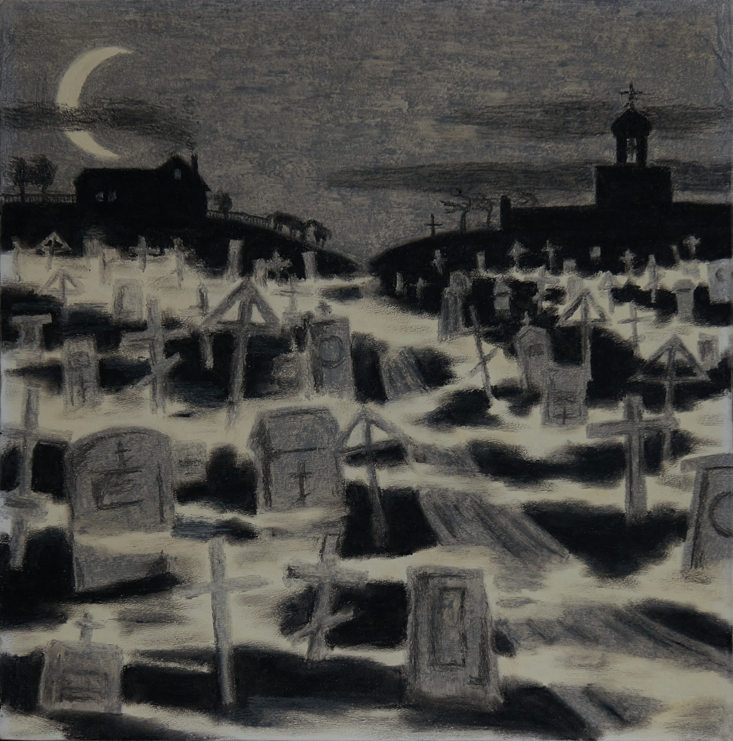 Кладбище Живущих Мертвецов.  Свинцовое небо с заходящей Луной. В густой паутине тумана бродят незримые призраки омертвевших сознаний, подобных серым могильным надгробьям культа смерти. Дорога неминуемого самозабвенья уводит за горизонт небытия тех, кто безвозвратно умер, не оставив о себе даже блёклой тени. И только где-то в далеке подлунной ночи, пока ещё горит тусклый свет живущих в обители,  мирно здравствует жизненная энергия. Год создания: 1998г.