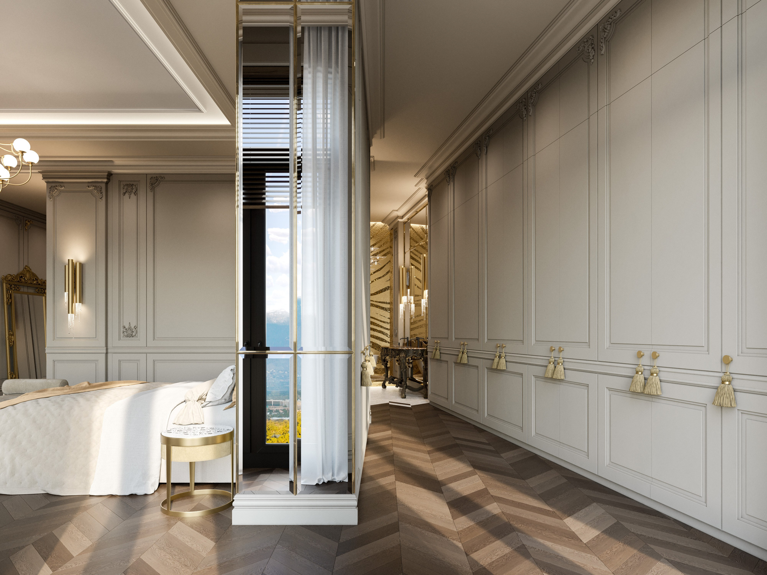 3D визуализация гардеробной с золотыми ручками и светлыми фасадами