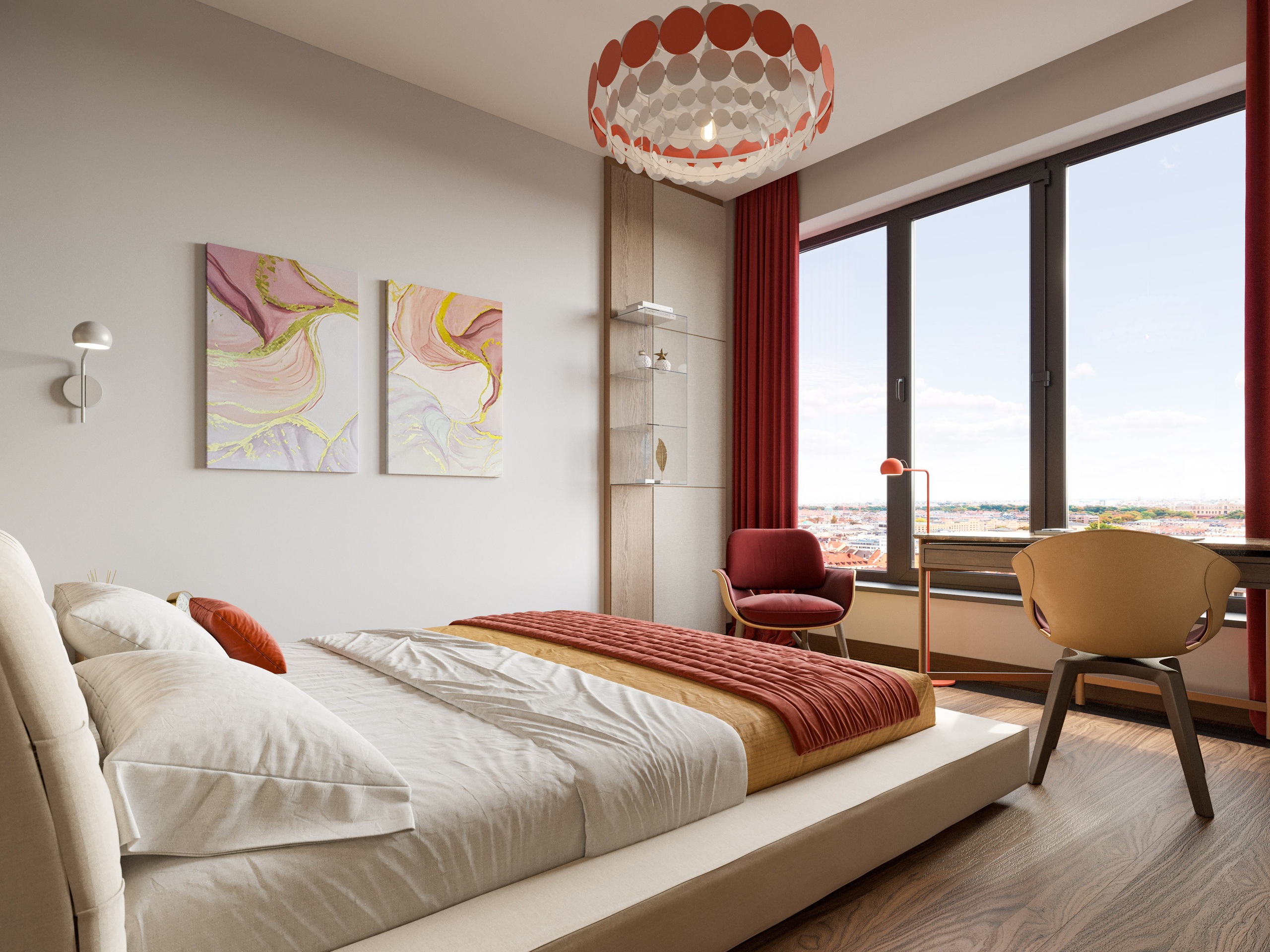 Спальня с выходом на балкон в квартире Белграда с раздвижными стеклянными дверями