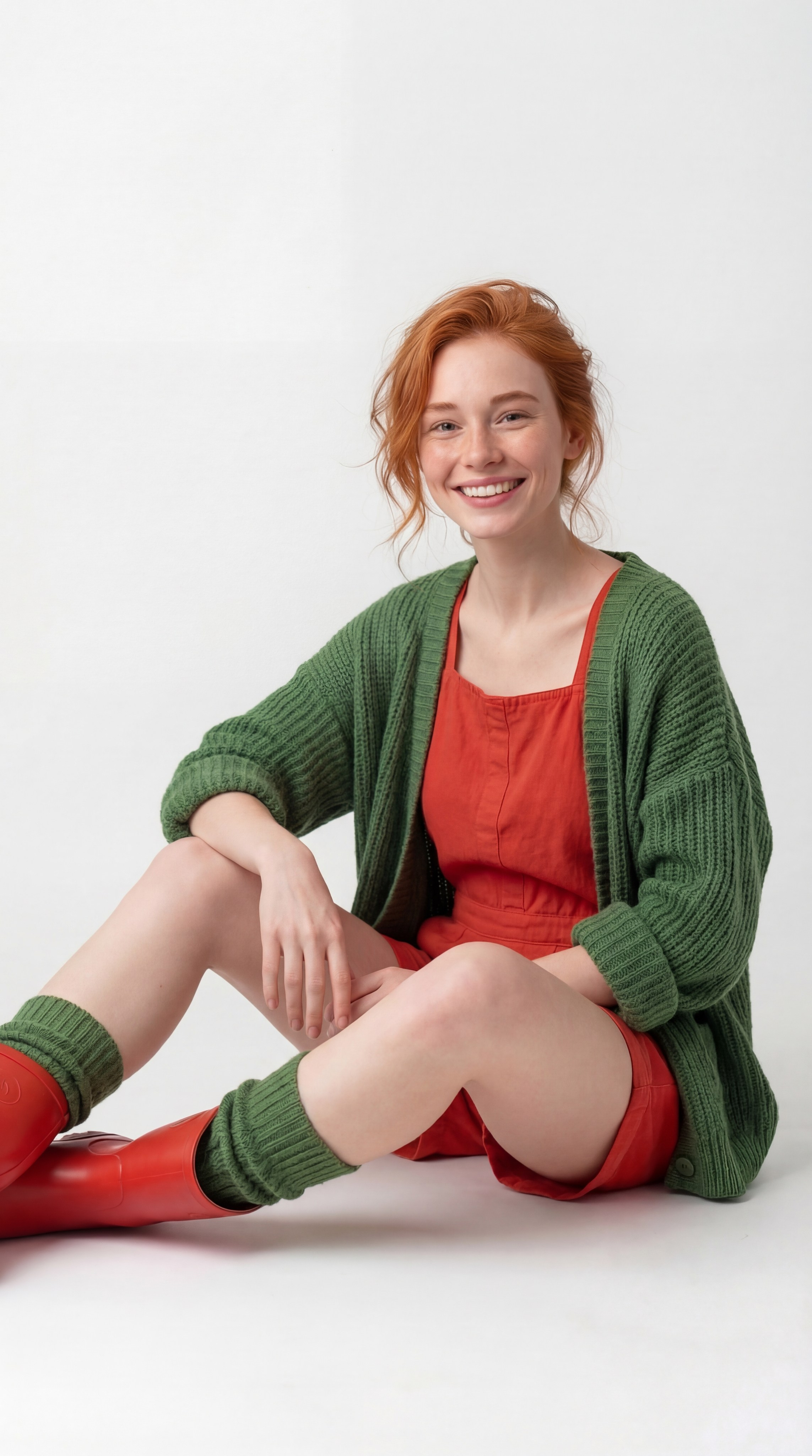 AI-фото рыжей девушки в зелёном кардигане и красных сапогах сидящей на полу, нейро-контент для fashion-бренда, AI-визуал lifestyle студийная съёмка