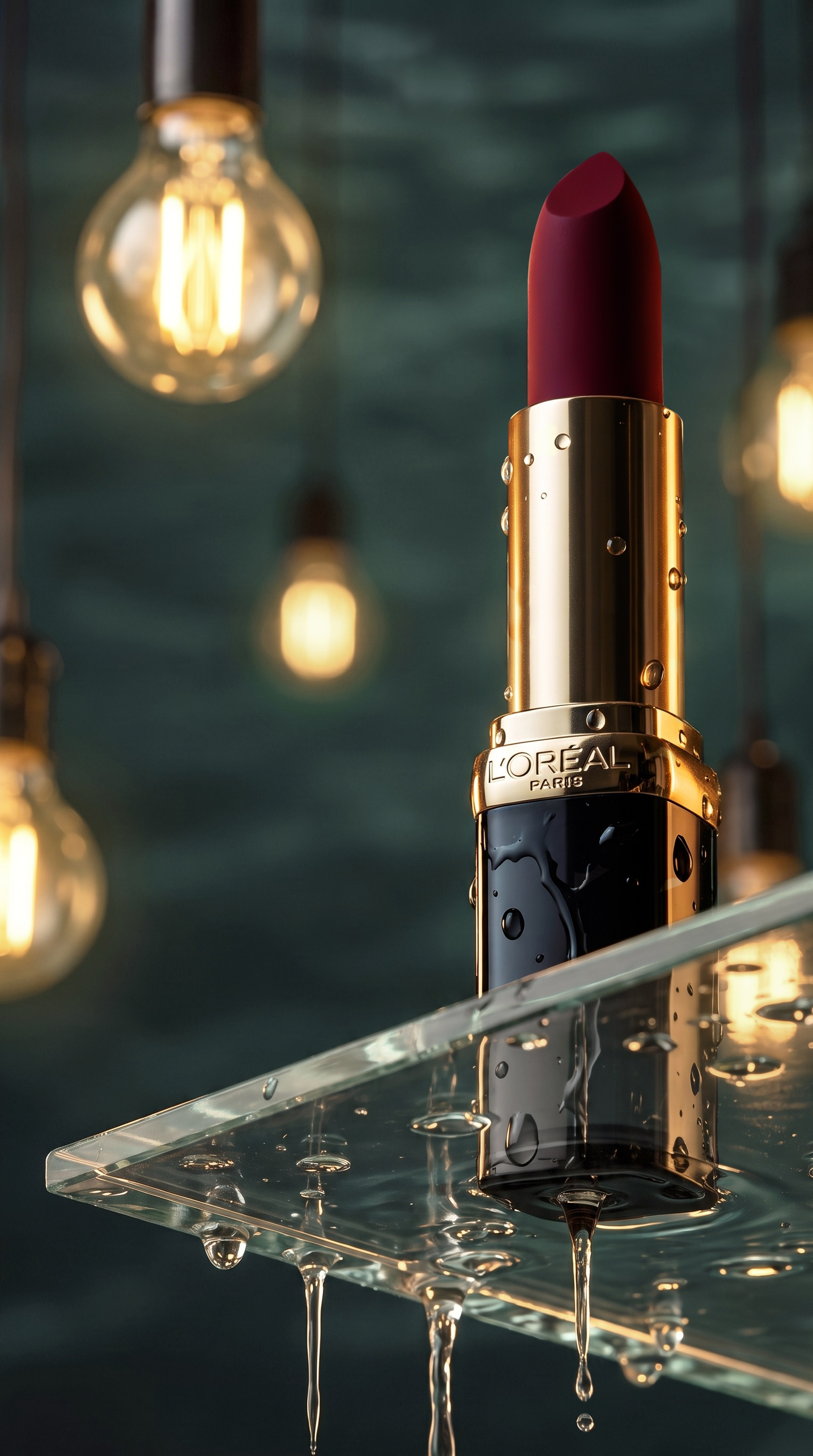 Предметная AI-съемка губной помады L'Oreal Paris на прозрачном мокром стекле со стекающими каплями воды и теплыми лампочками в фокусе