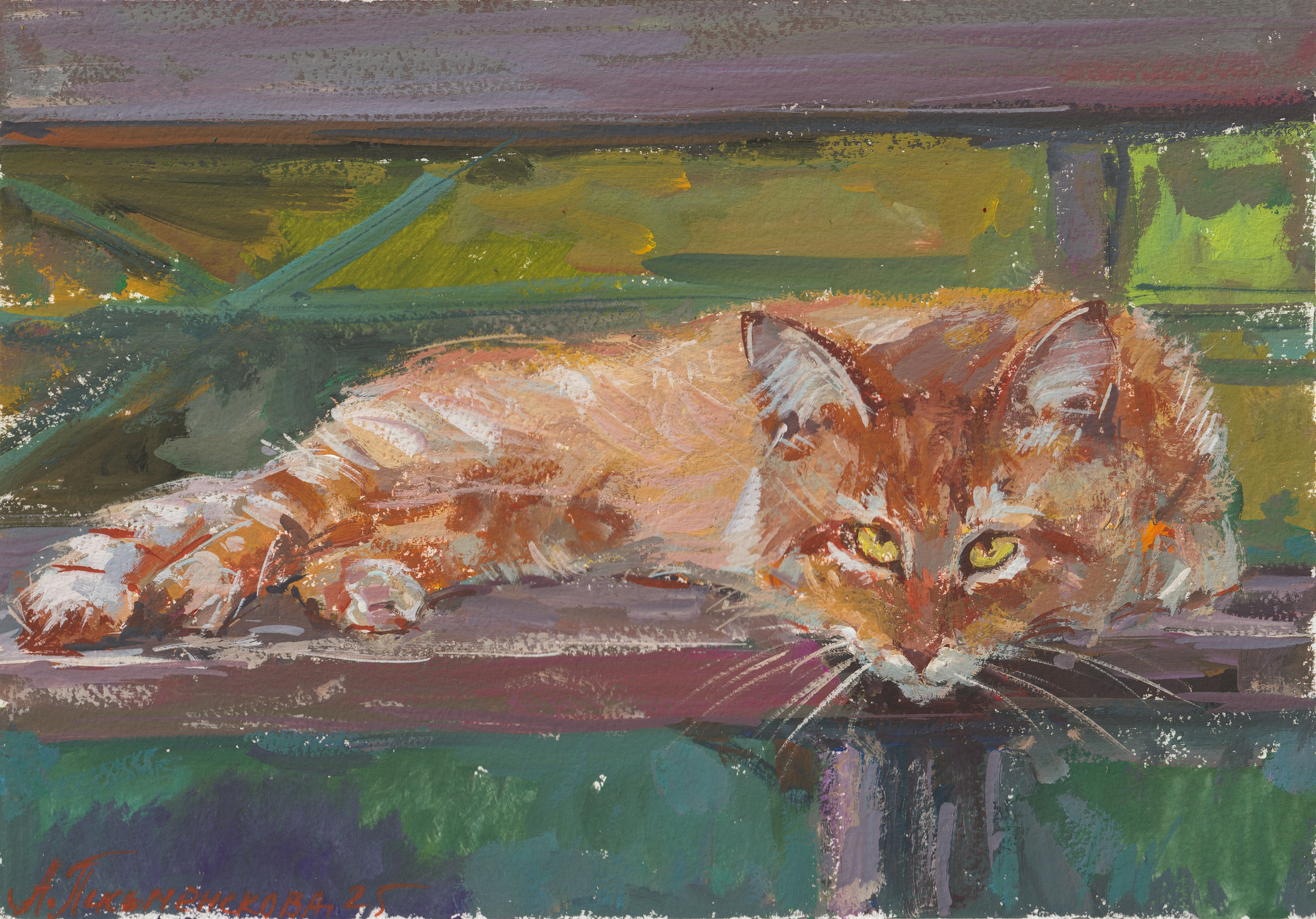 "Кот Рыжик" бумага, гуашь 19х29см, 2025