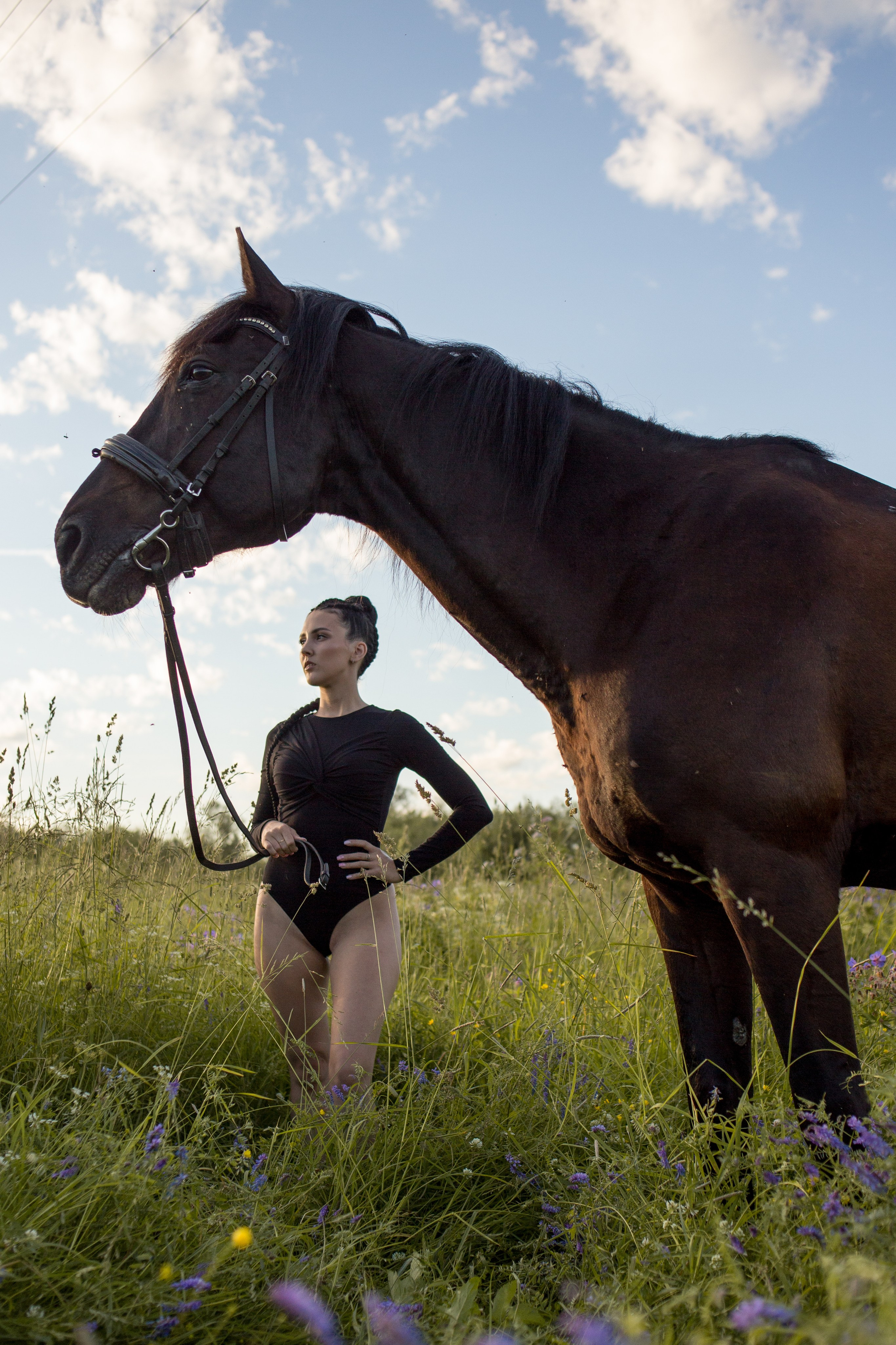 Фотосессия с лошадью в купальнике в поле