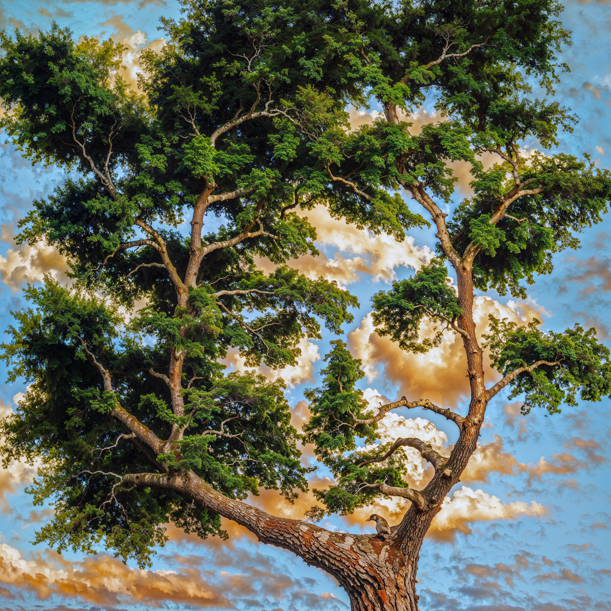 Иллюзия лица, сформированного листвой и ветвями дерева на фоне закатного неба. Художественная адаптация по мотивам Octavio Ocampo.