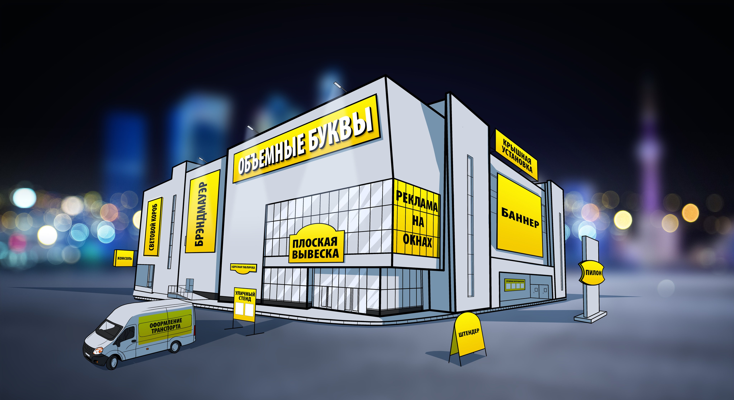 Наружная реклама в Симферополе и Крыму — изготовление вывесок, баннеров, объемных букв