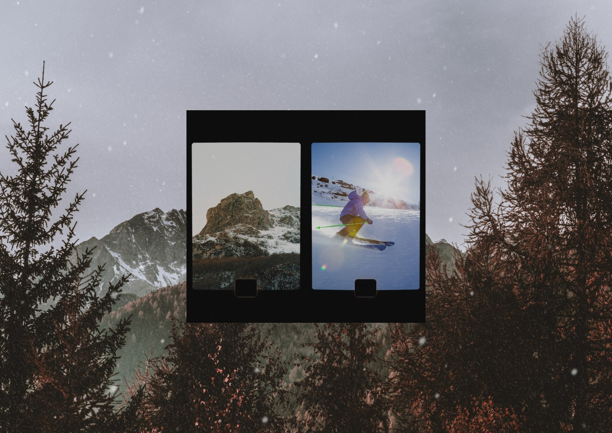 Заснеженные горы и лыжник на склоне в рамке киноплёнки