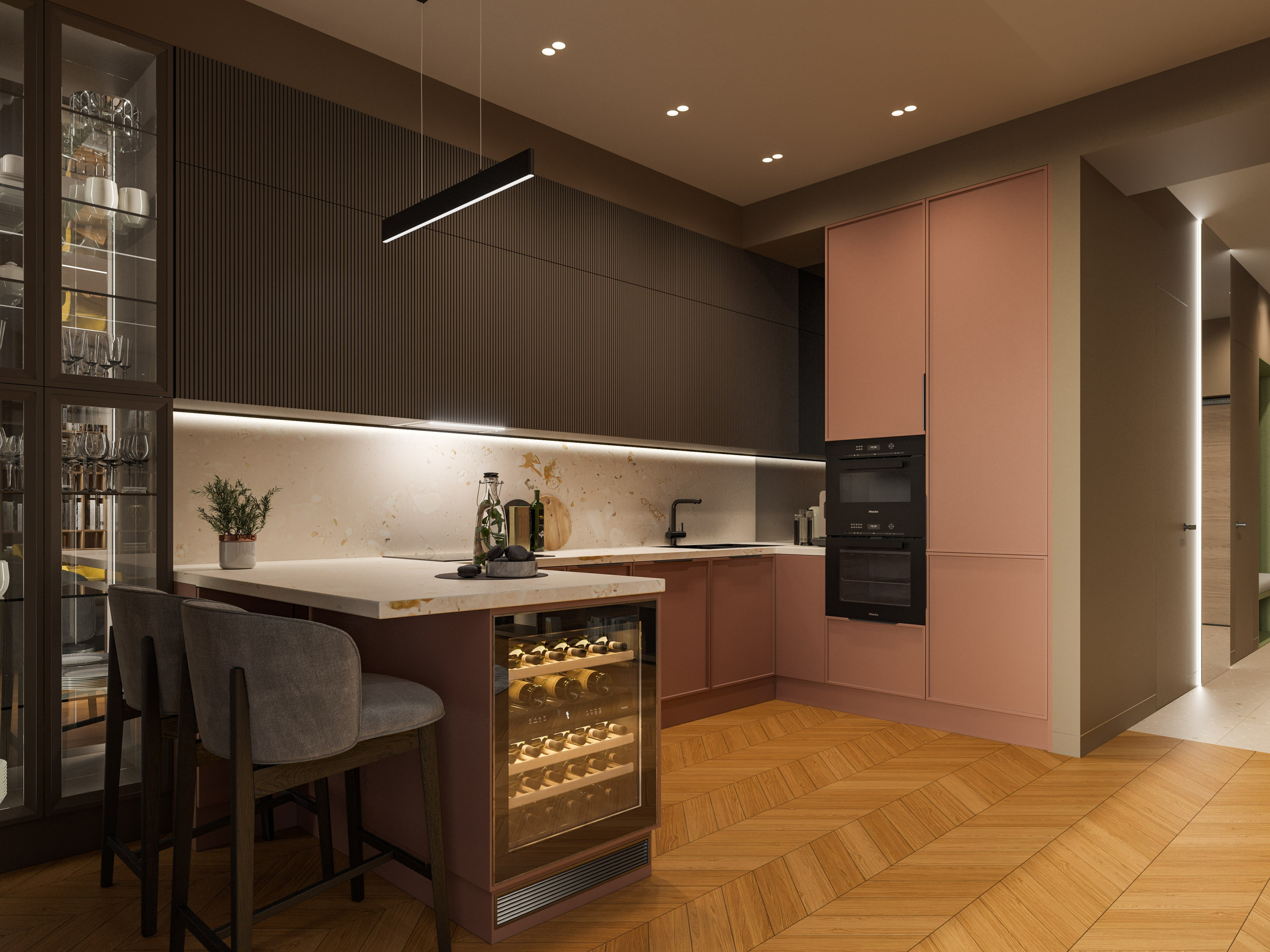 Кухня-гостиная с кухонным островом и деревянным полом в современном стиле