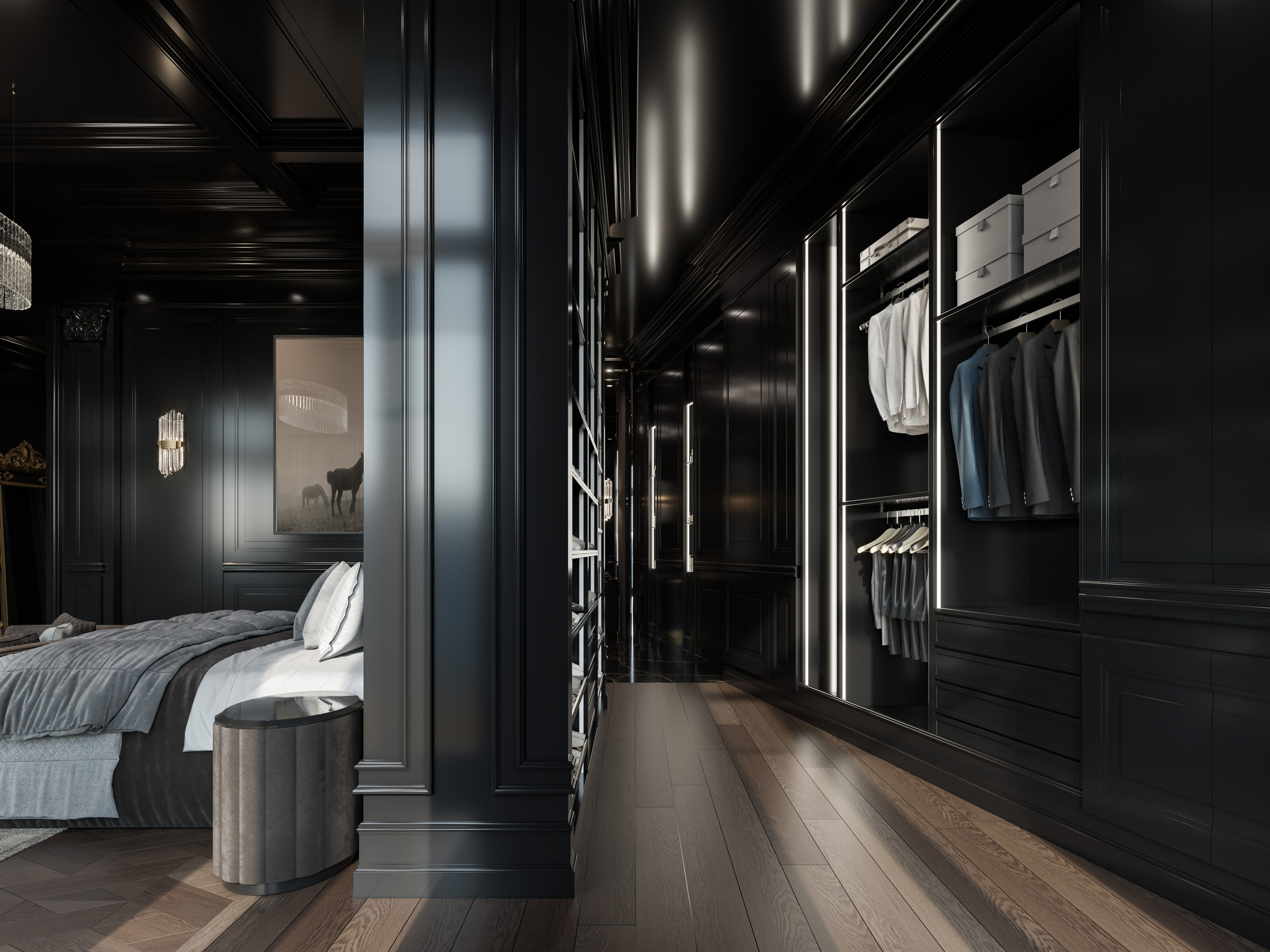 Скрытая подсветка черного потолка в мужской спальне классического стиля