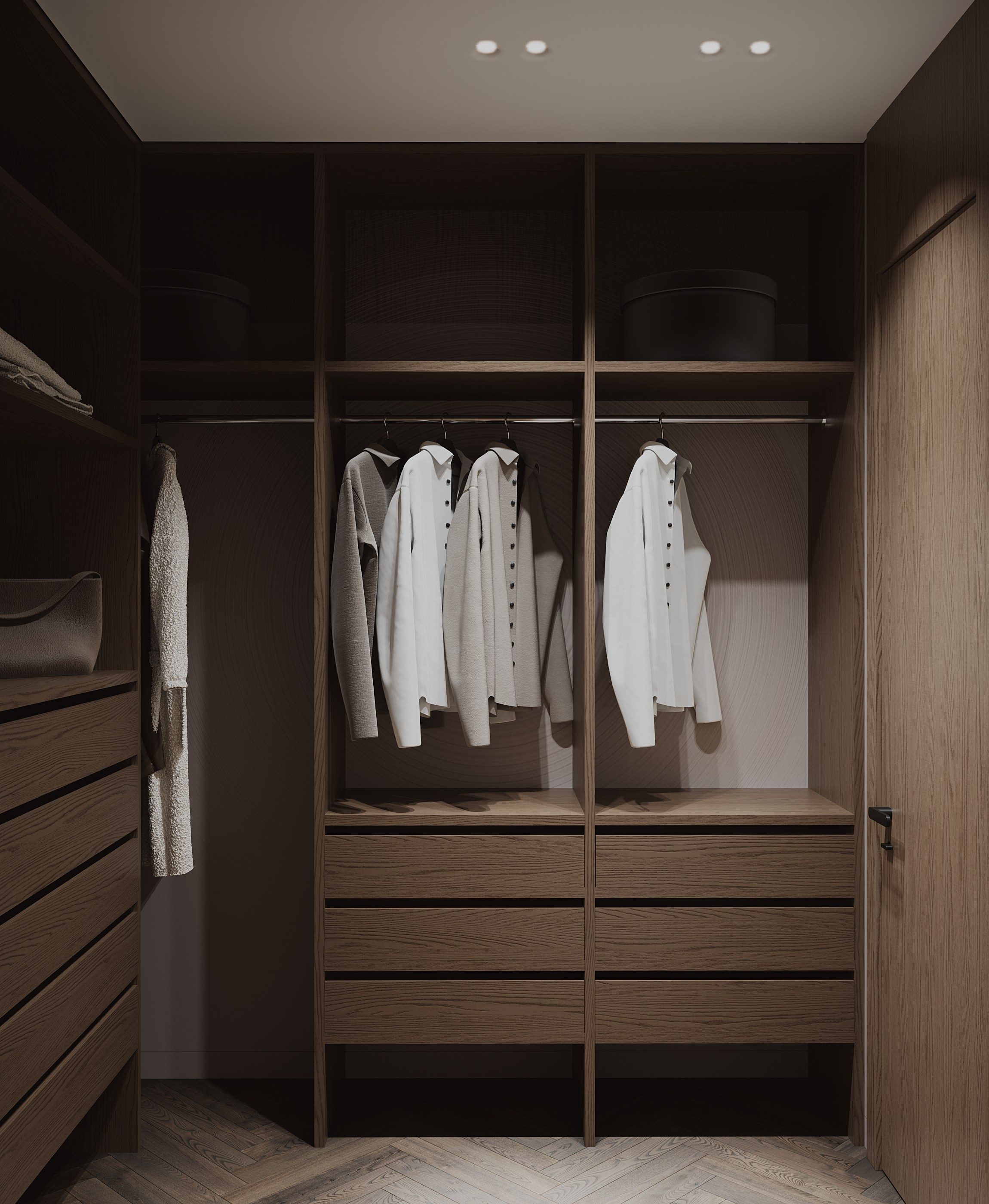 Гардеробная в гостевой комнате в шпоне и открытой системой хранения  Walk-in closet in the guest room with veneer and open storage system