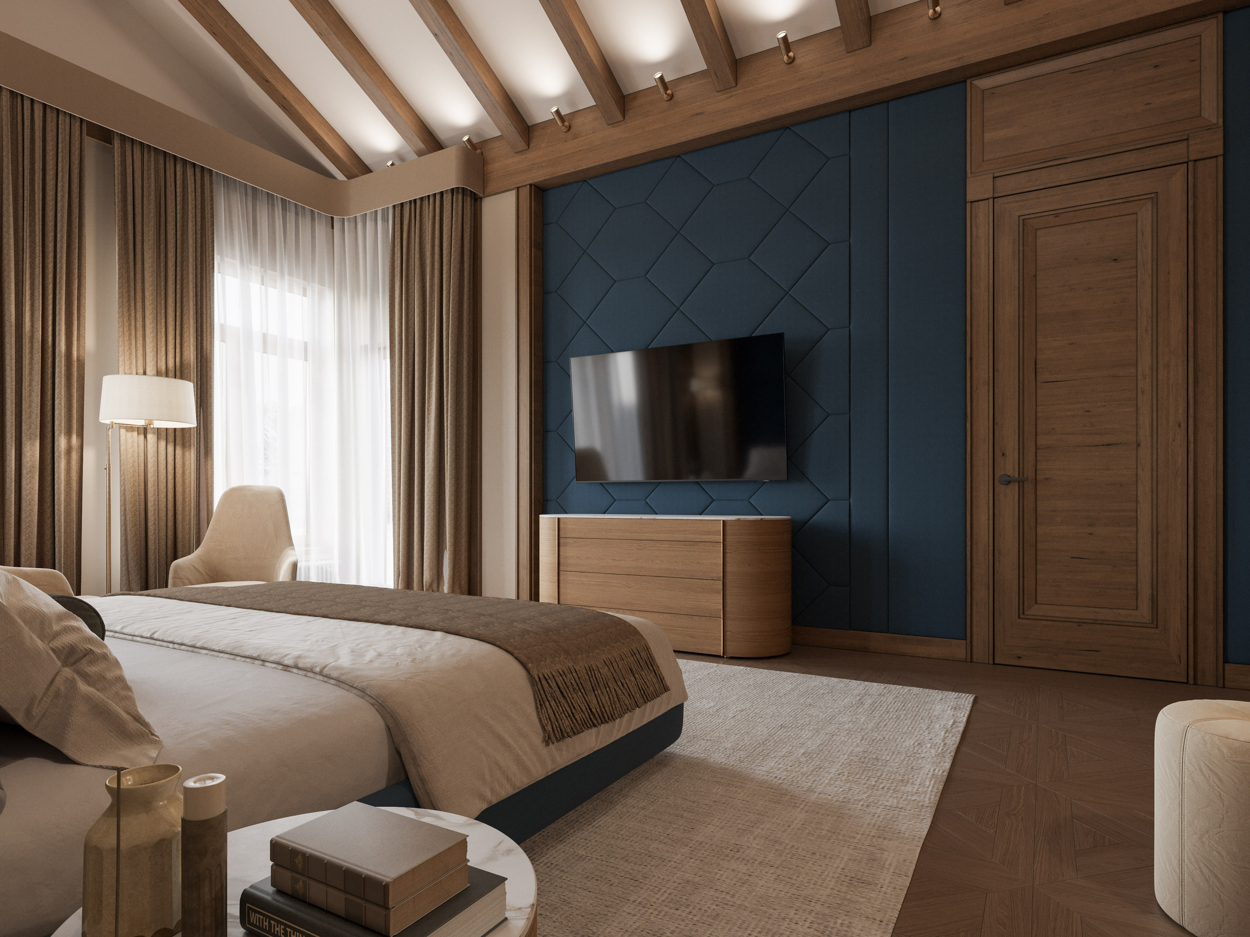 Спальная зона в доме из сруба с креслом у окна - 3D рендер