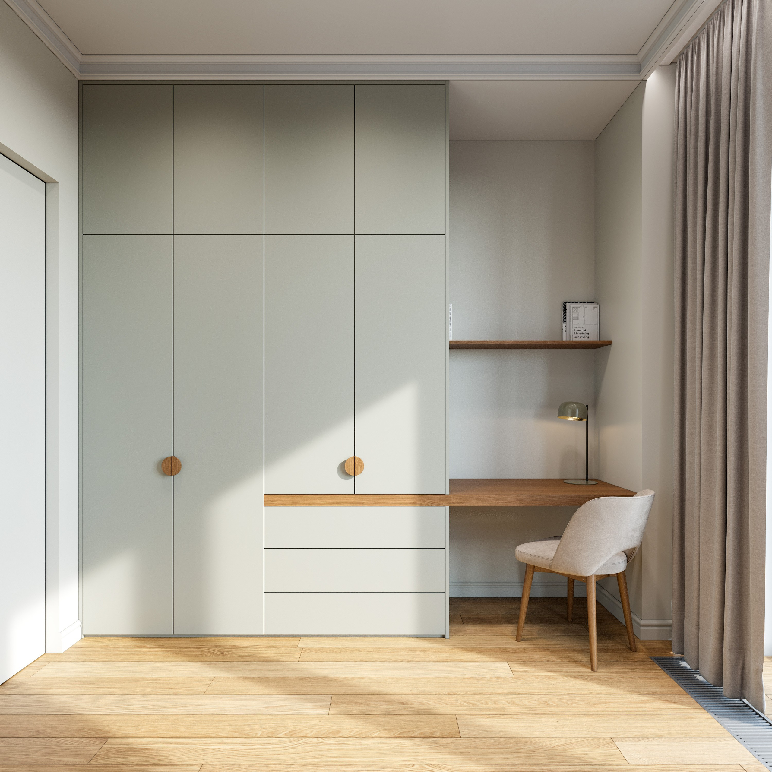 3D визуализация спальни с системой хранения в спокойных мятных тонах