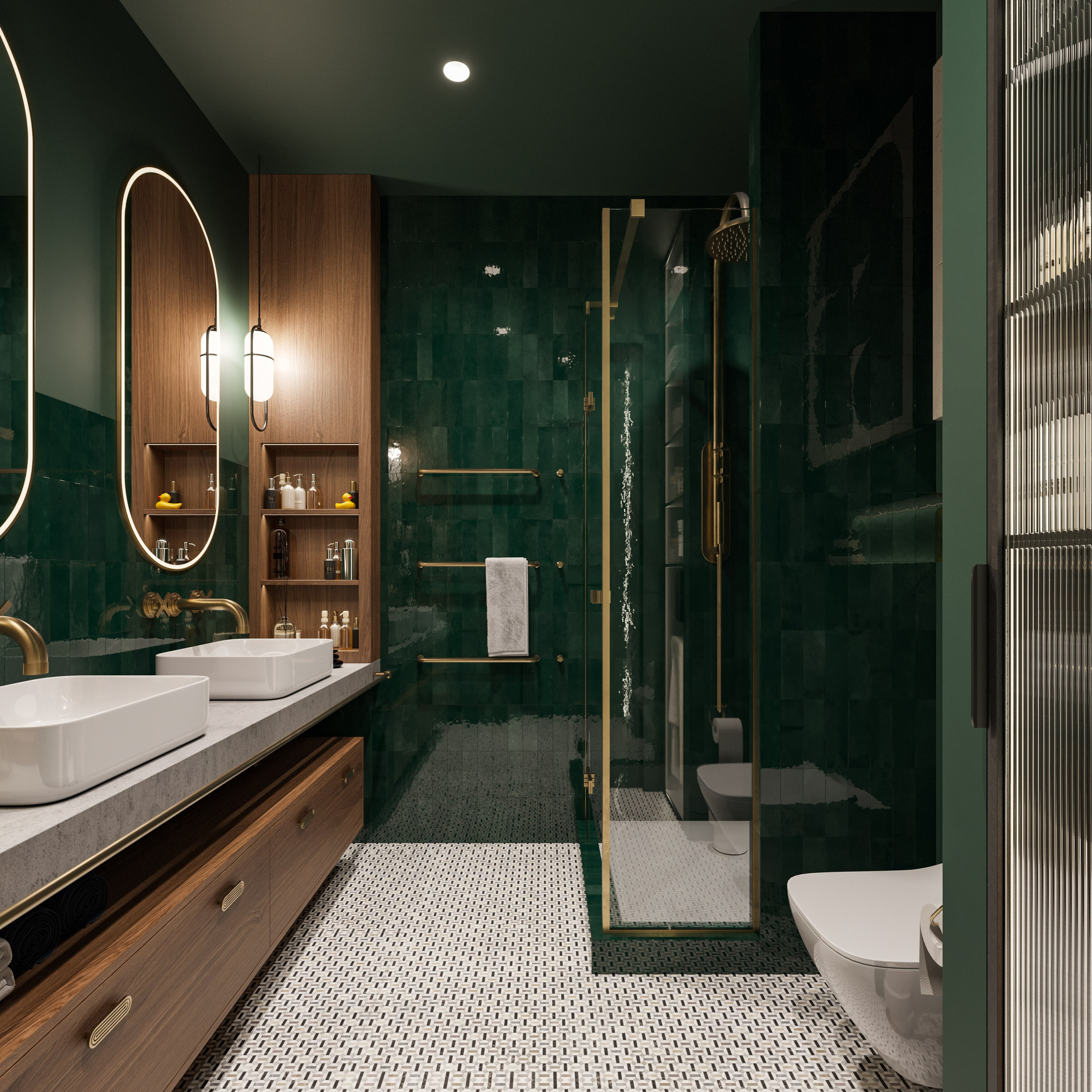 Санузел с цветной плиткой и подвесной сантехникой - яркий современный дизайн