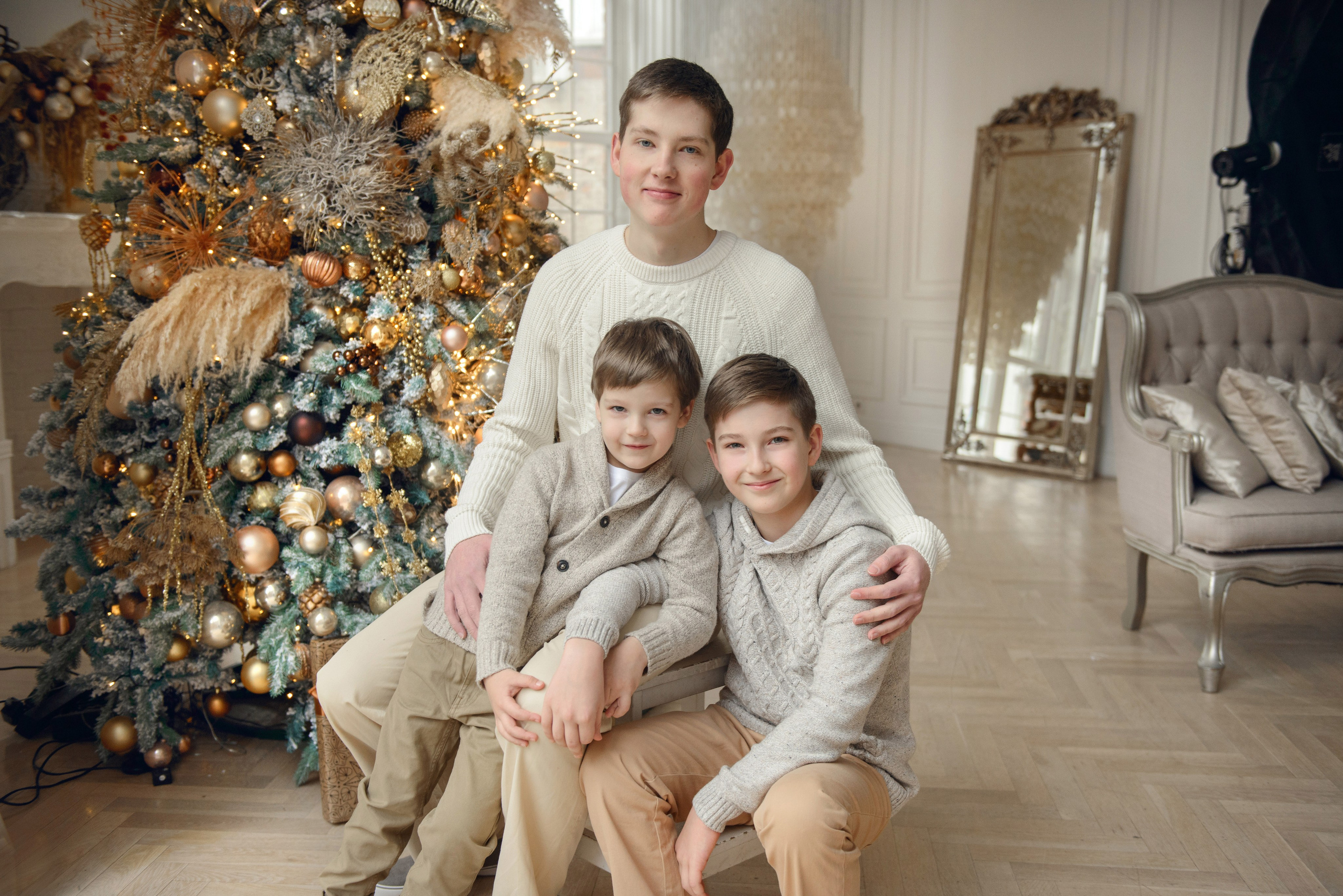 Brothers, three boys, Studio photo shoot at Christmas time