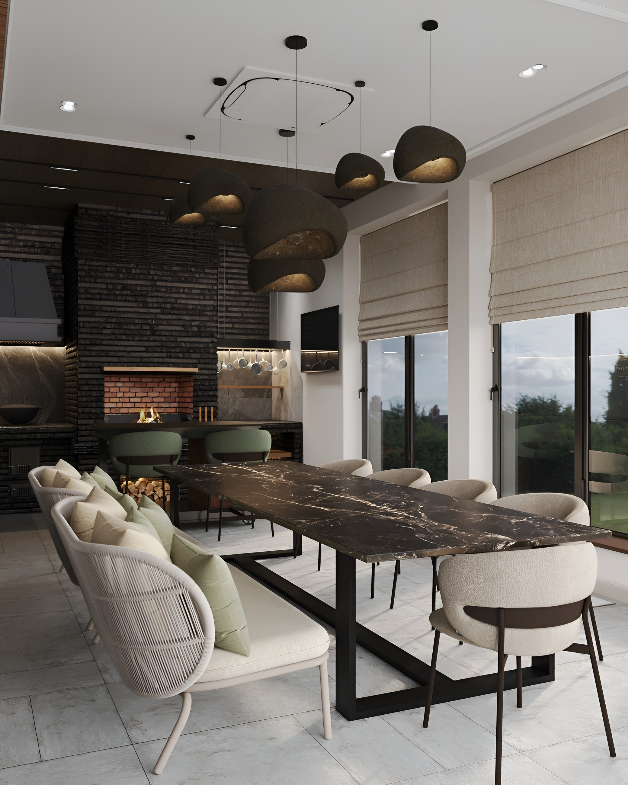 Терраса в загородном доме с камином. 3D Визуализация интерьеров жилых и коммерческих помещений