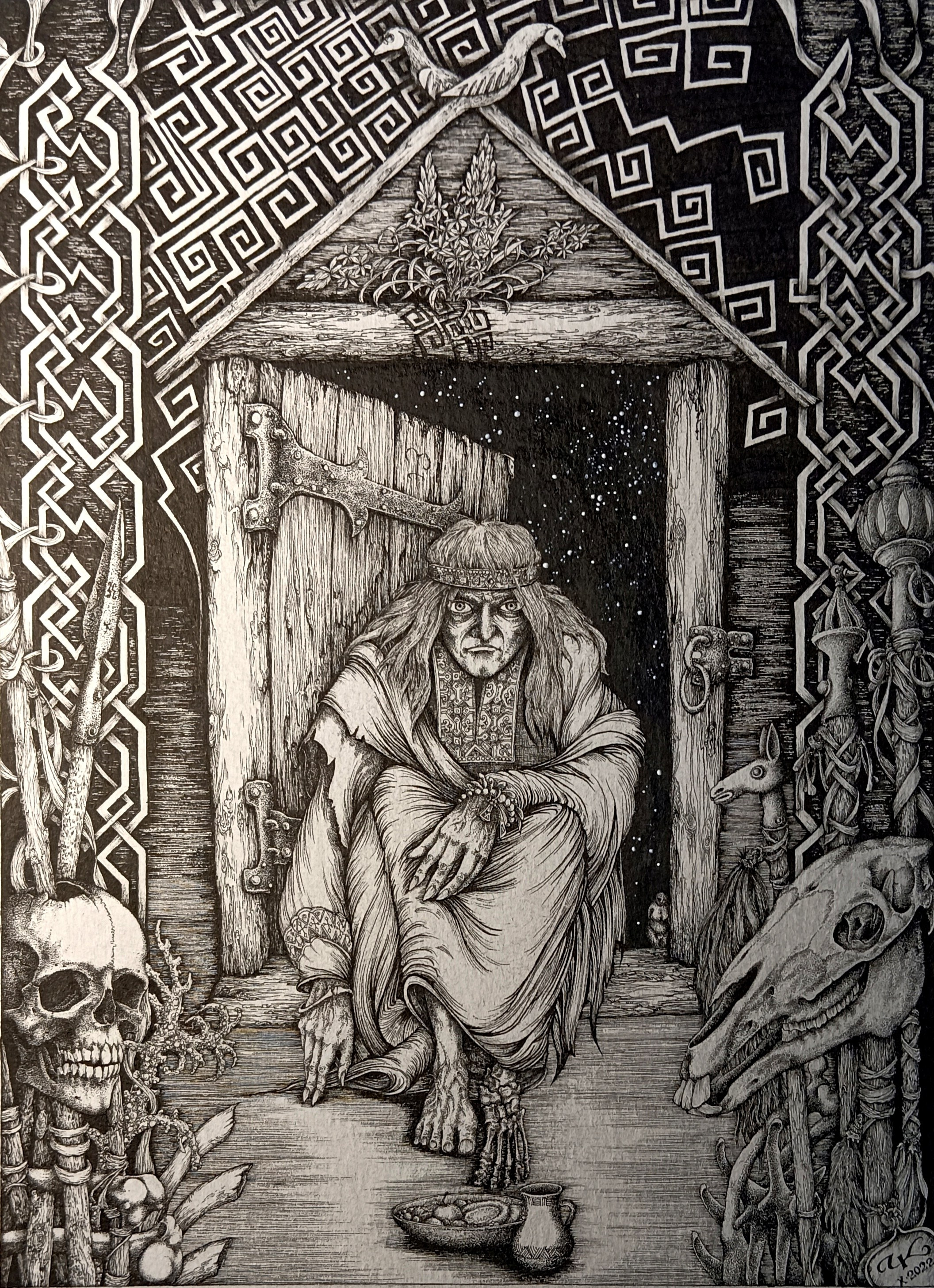 "Баба Яга", бумага, тушь, изограф, акрил, р.27х38см., 2022г.