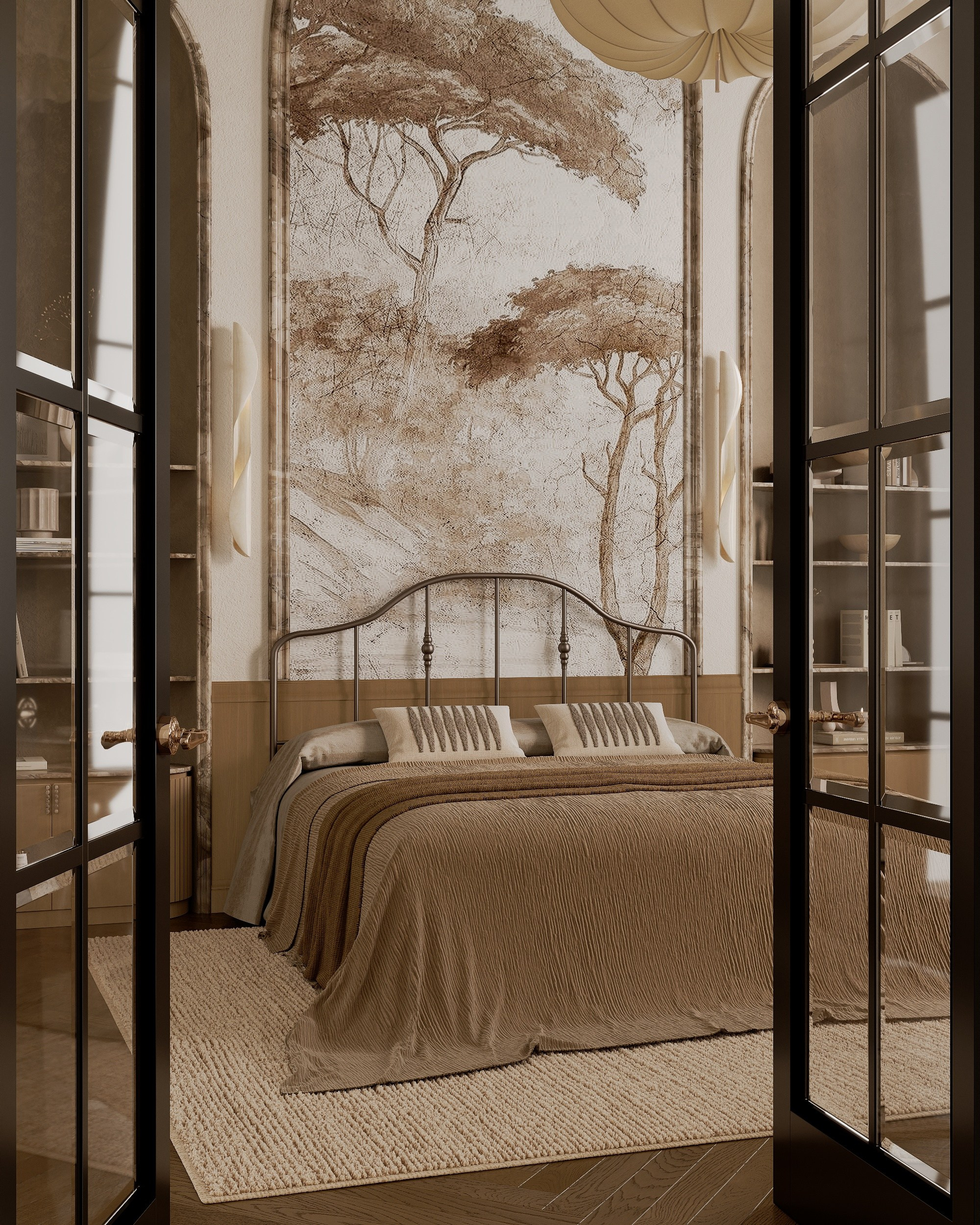 Bedroom interior in the spirit of neoclassicism and minimalism. Solovets visualization