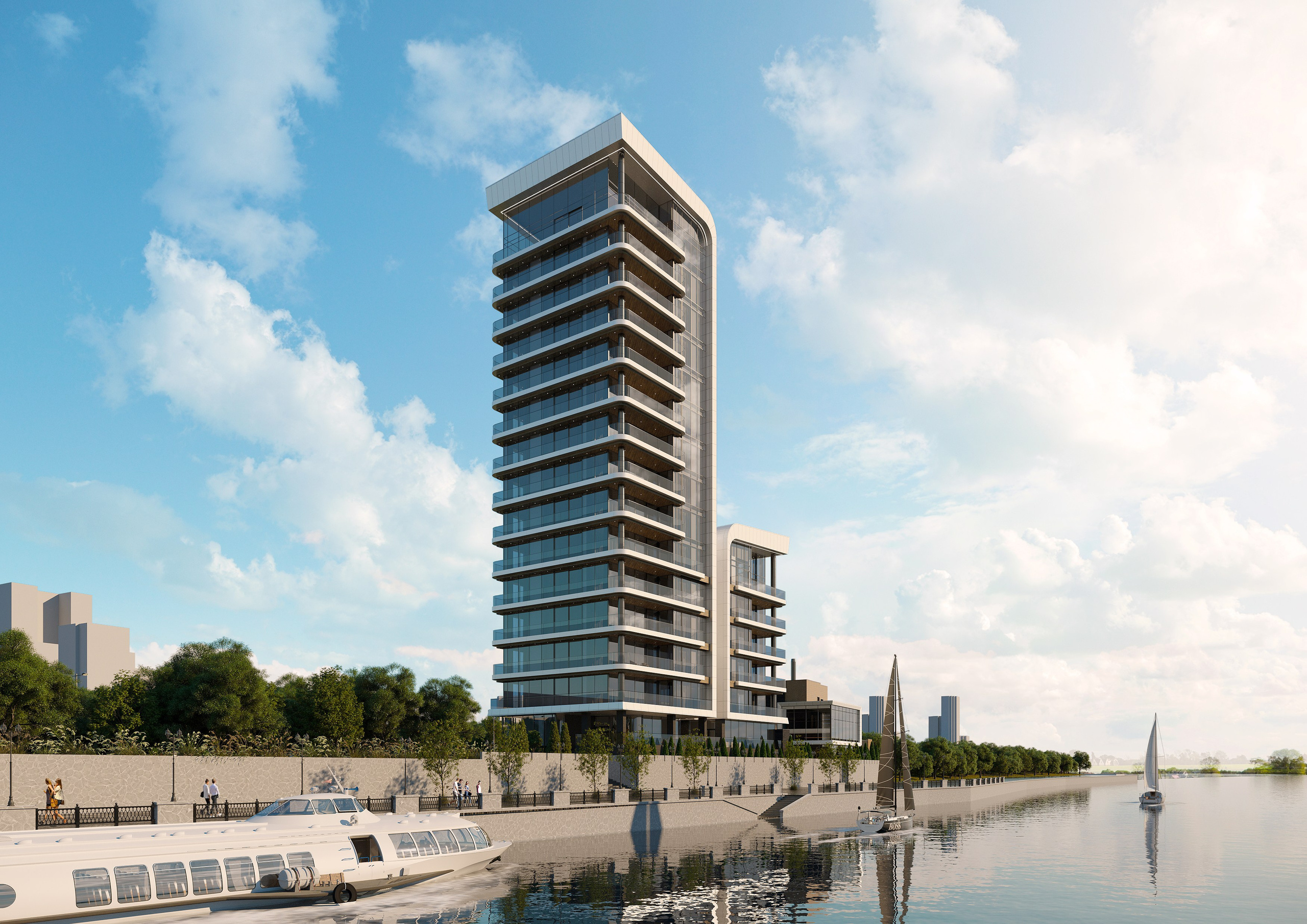 Высотное здание у набережной — 3D-визуализация архитектуры. 3Д Визуализация Интерьера и Архитектуры