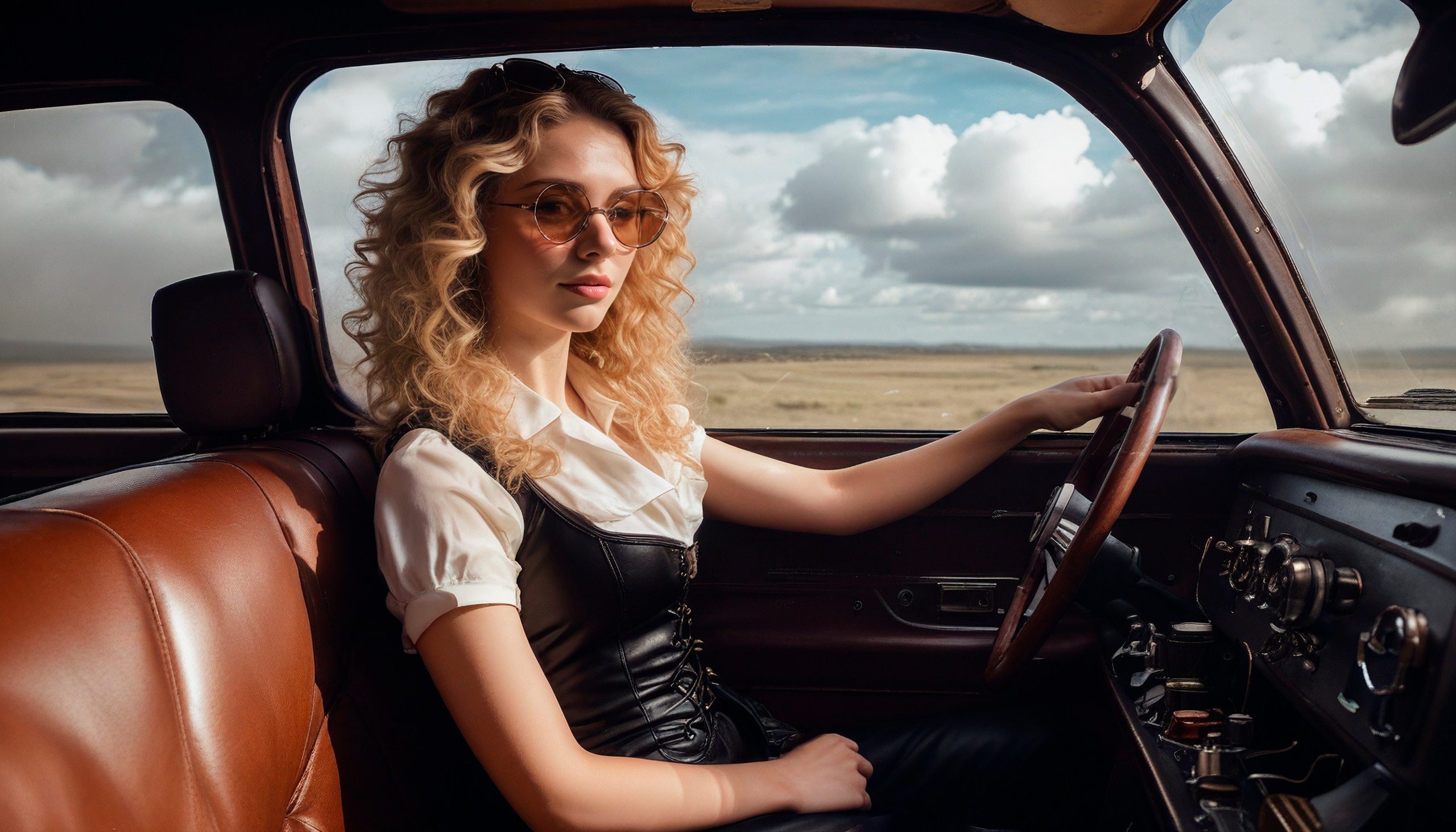 Alice is in Steampunk Country..In the cockpit of a fantastic steam aircraft..